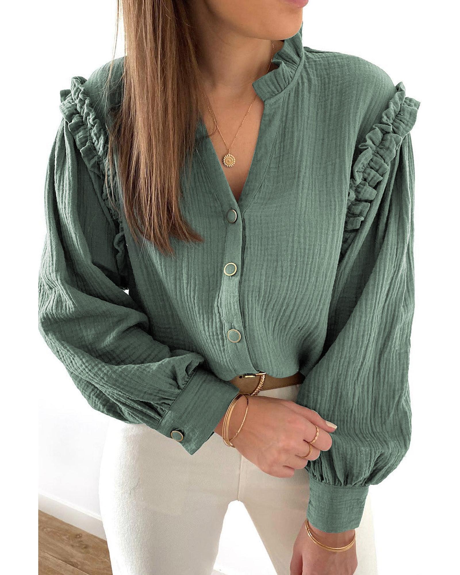 Azura Exchange Frilled Split Neck Crinkled Shirt - S Main image