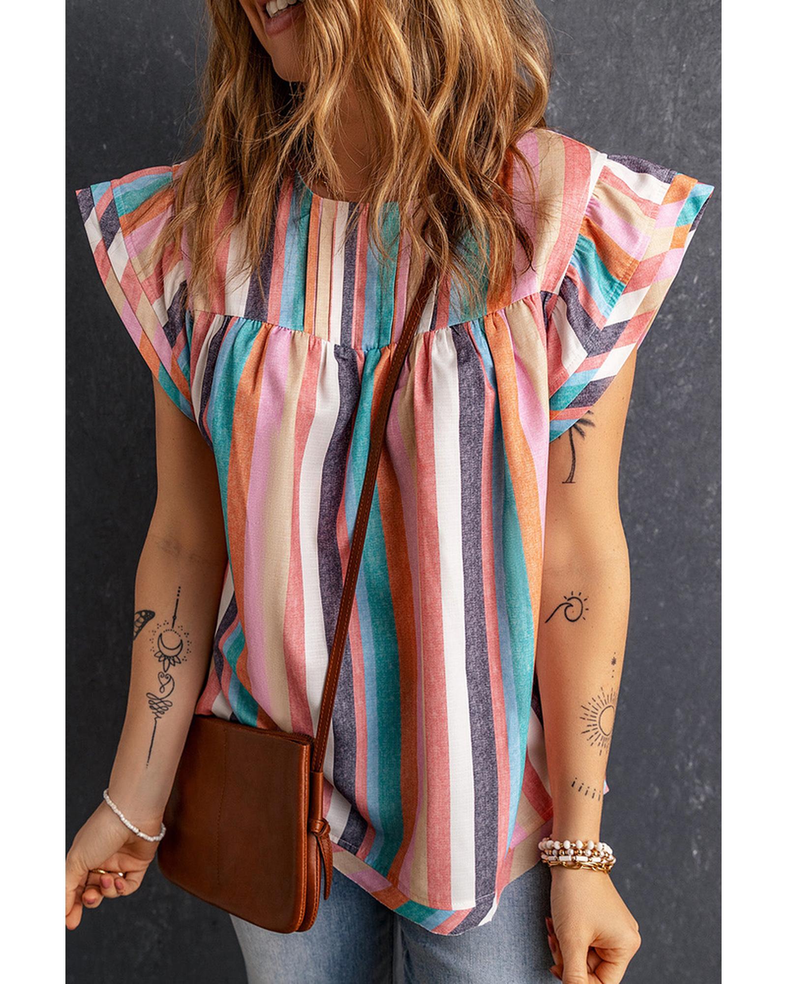 Azura Exchange Striped Tiered Ruffle Cap Sleeve Top - L Main image