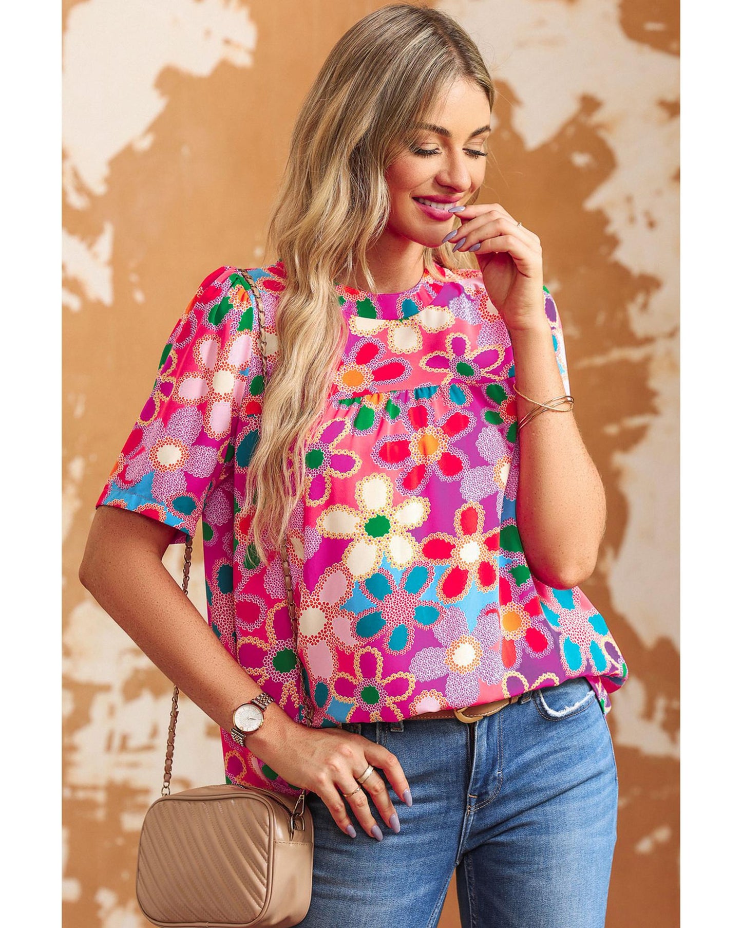 Azura Exchange Flower Print Puff Sleeve Top - S