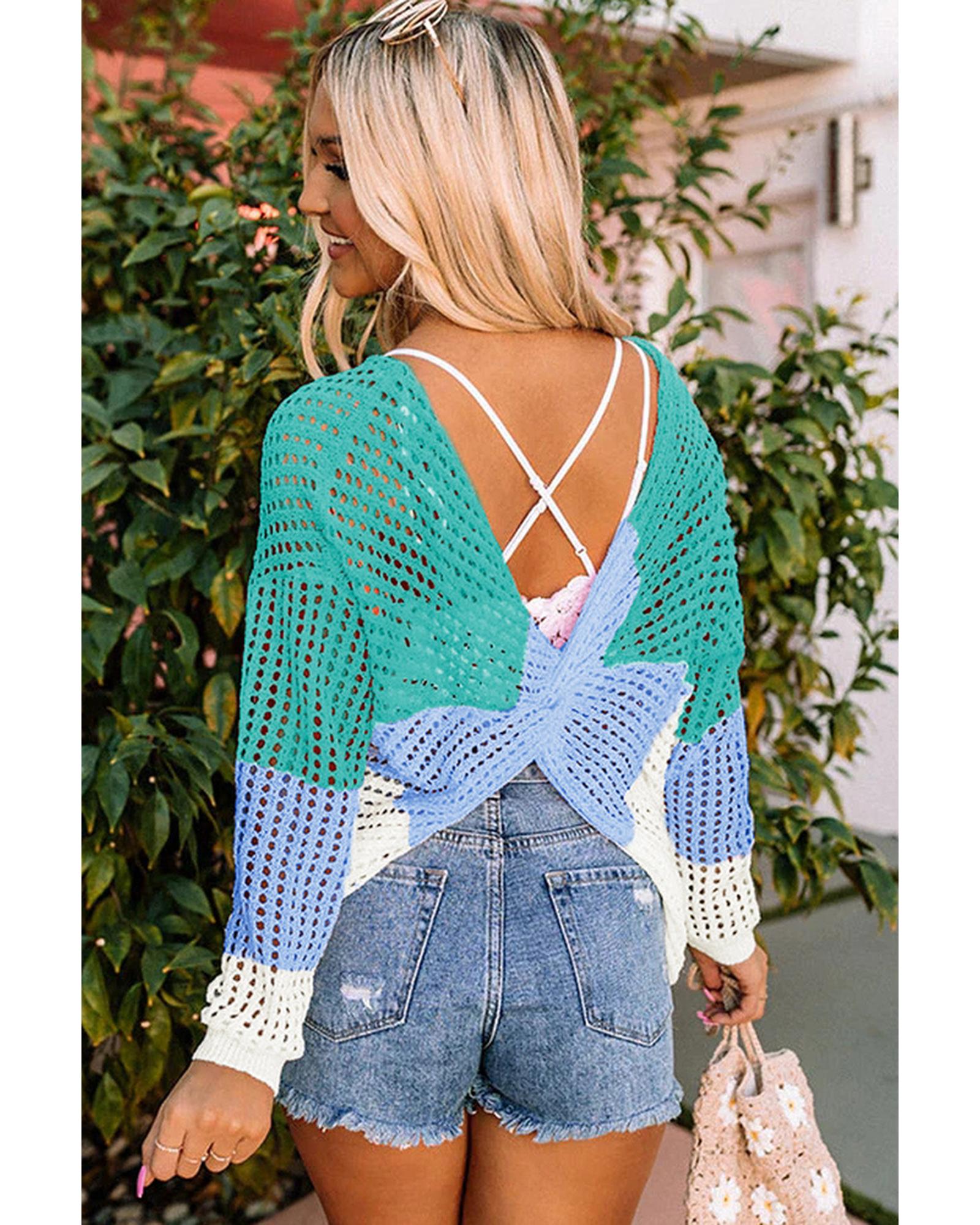 Azura Exchange Eyelet Long Sleeve Twisted Back Knit Top - M Secondary image