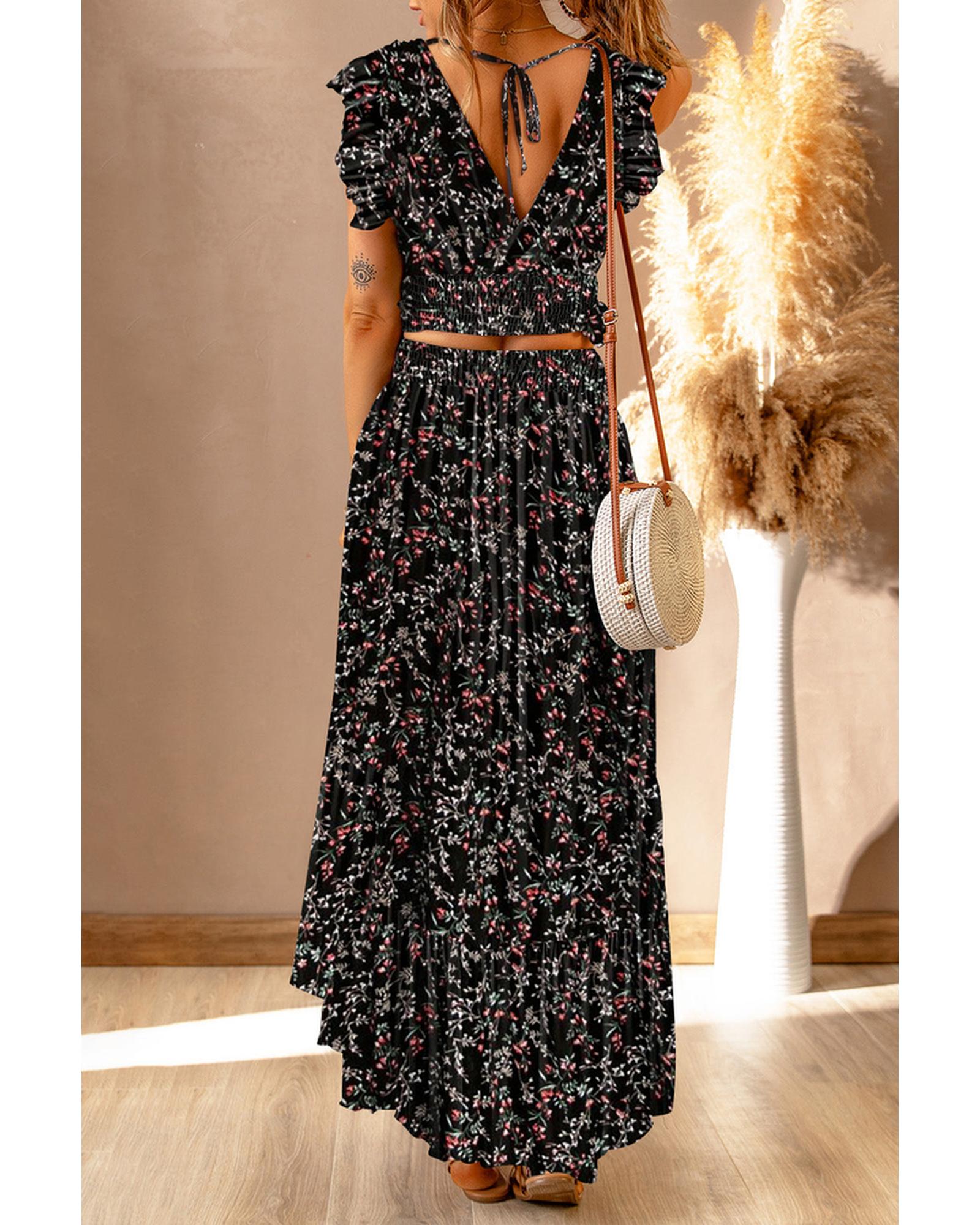 Azura Exchange Floral Ruffled Crop Top and Maxi Skirt Set - 2XL Secondary image