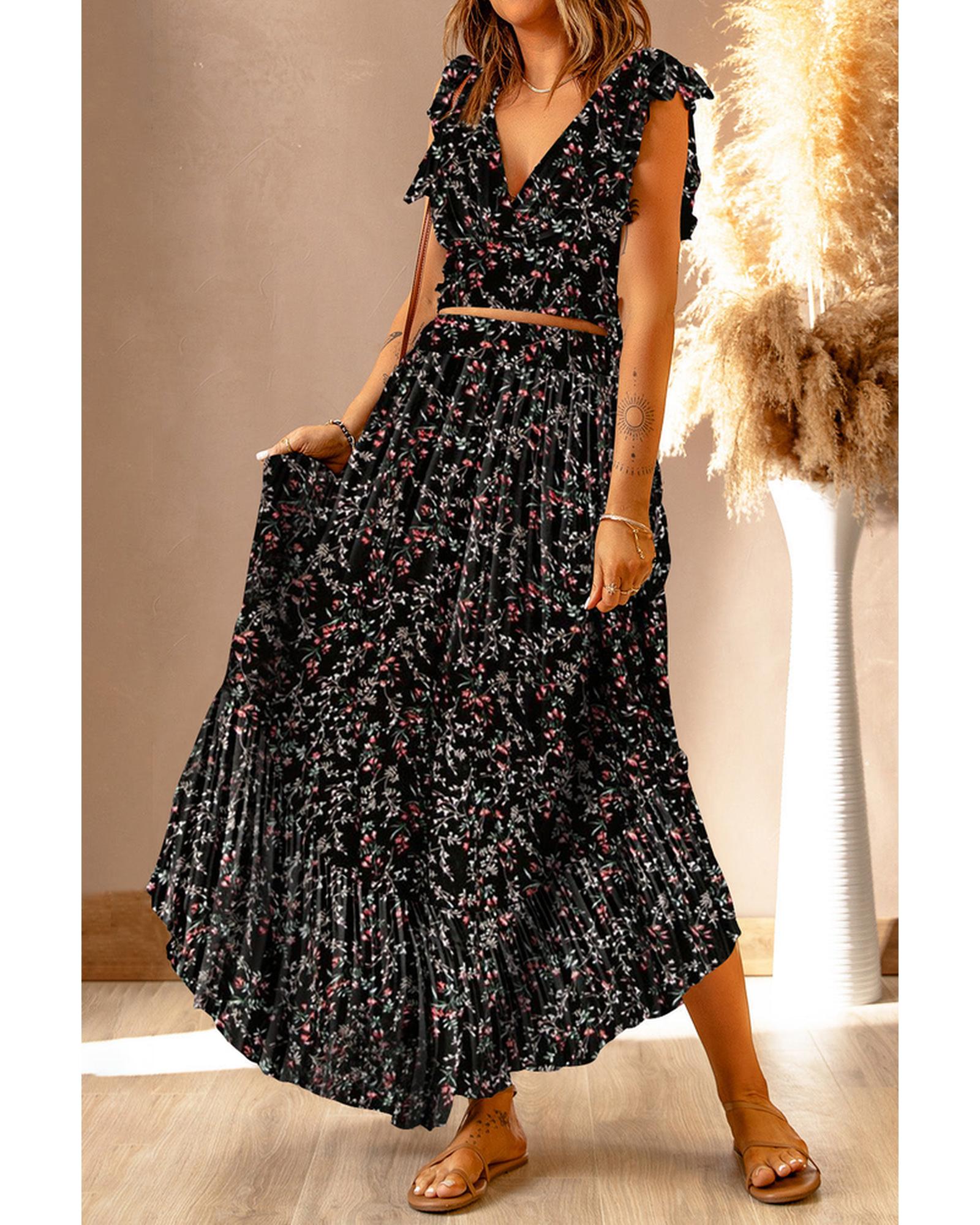 Azura Exchange Floral Ruffled Crop Top and Maxi Skirt Set - L Main image