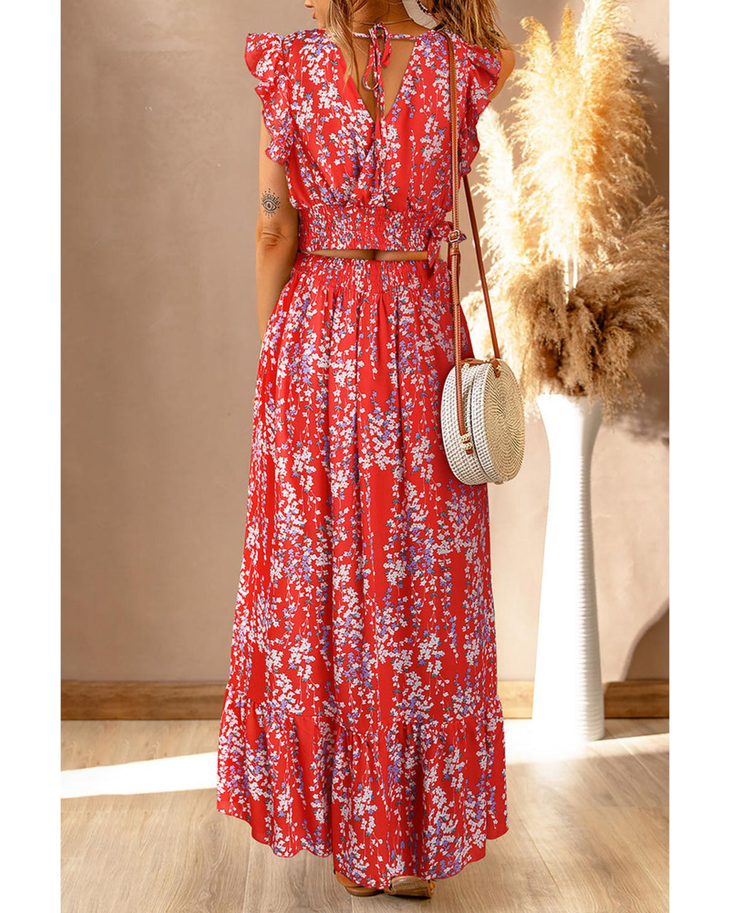 Azura Exchange Floral Ruffled Crop Top and Maxi Skirt Set - L