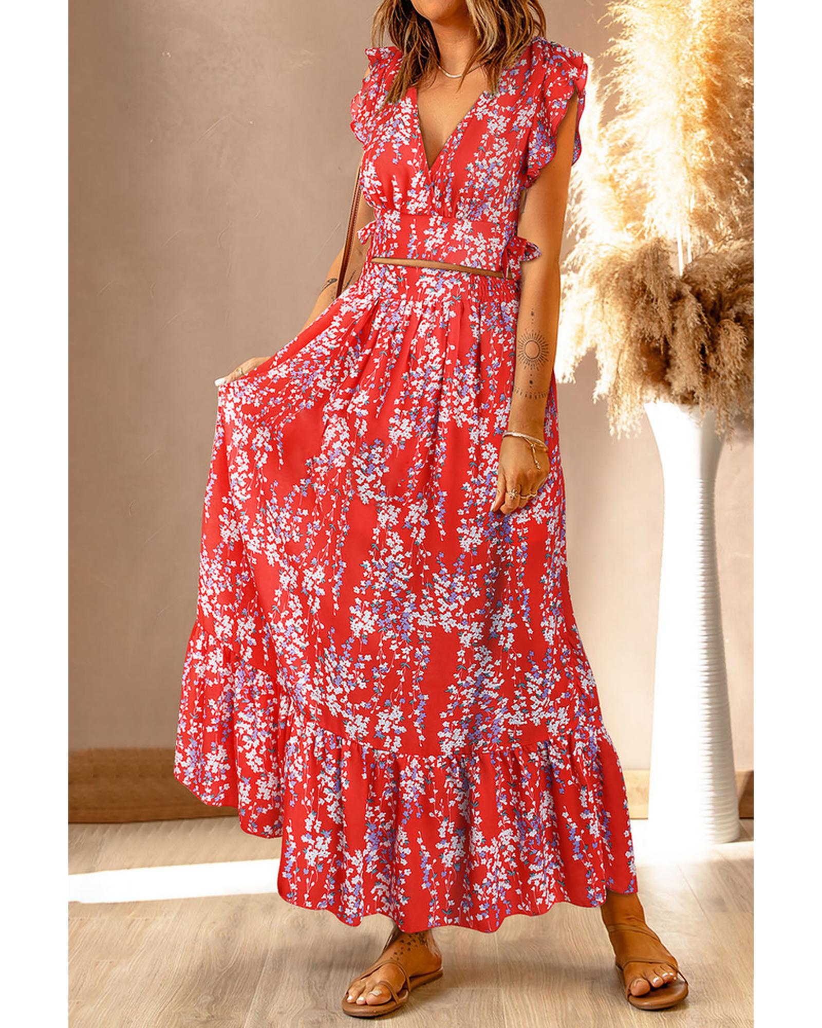 Azura Exchange Floral Ruffled Crop Top and Maxi Skirt Set - S Main image