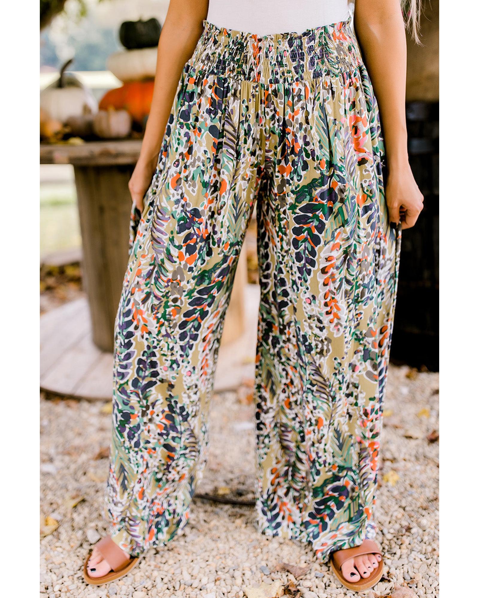Azura Exchange Floral Print Shirred High Waist Wide Leg Pants - L Main image