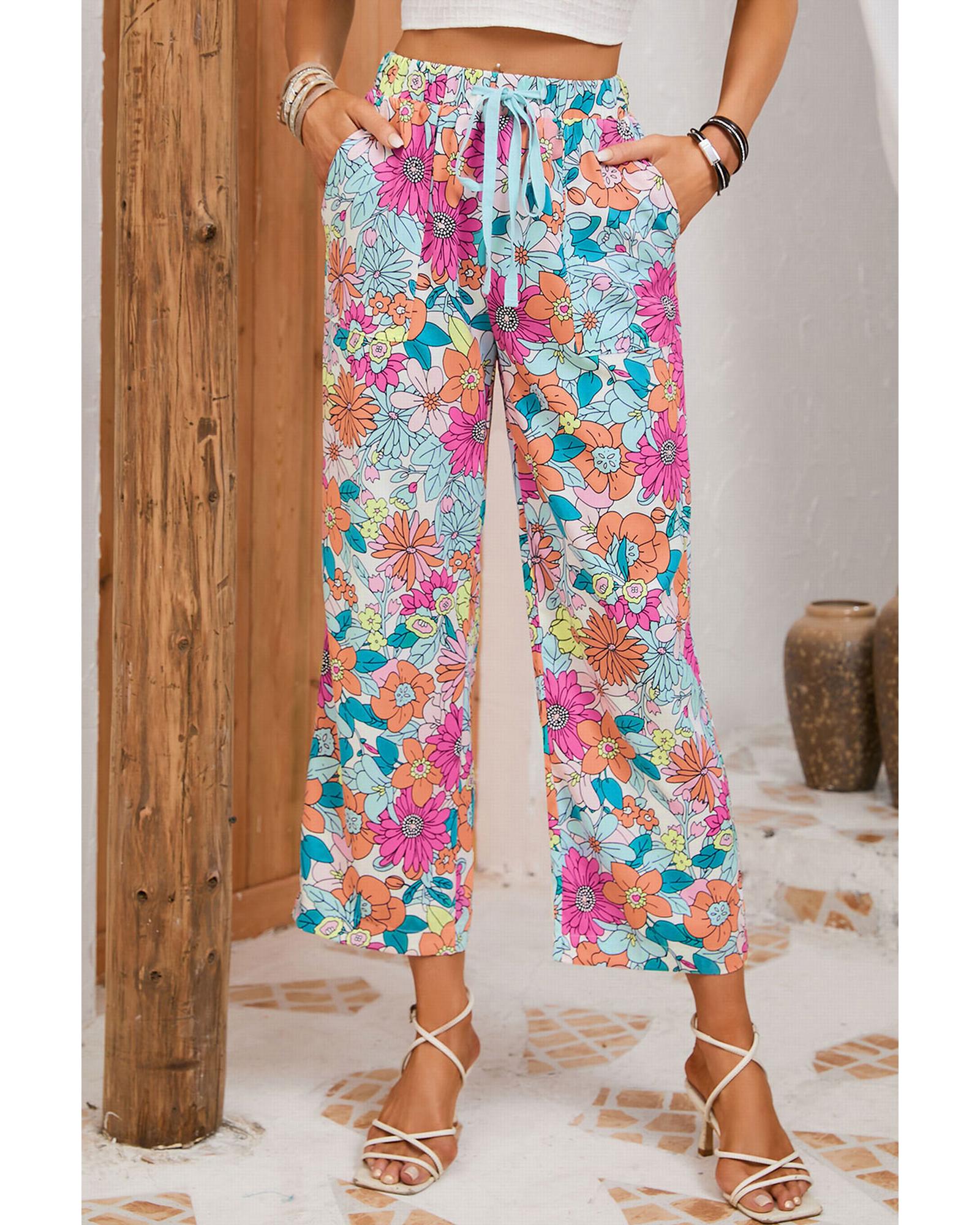 Azura Exchange Flower Print Pocketed Drawstring Waist Wide Leg Pants - M Main image