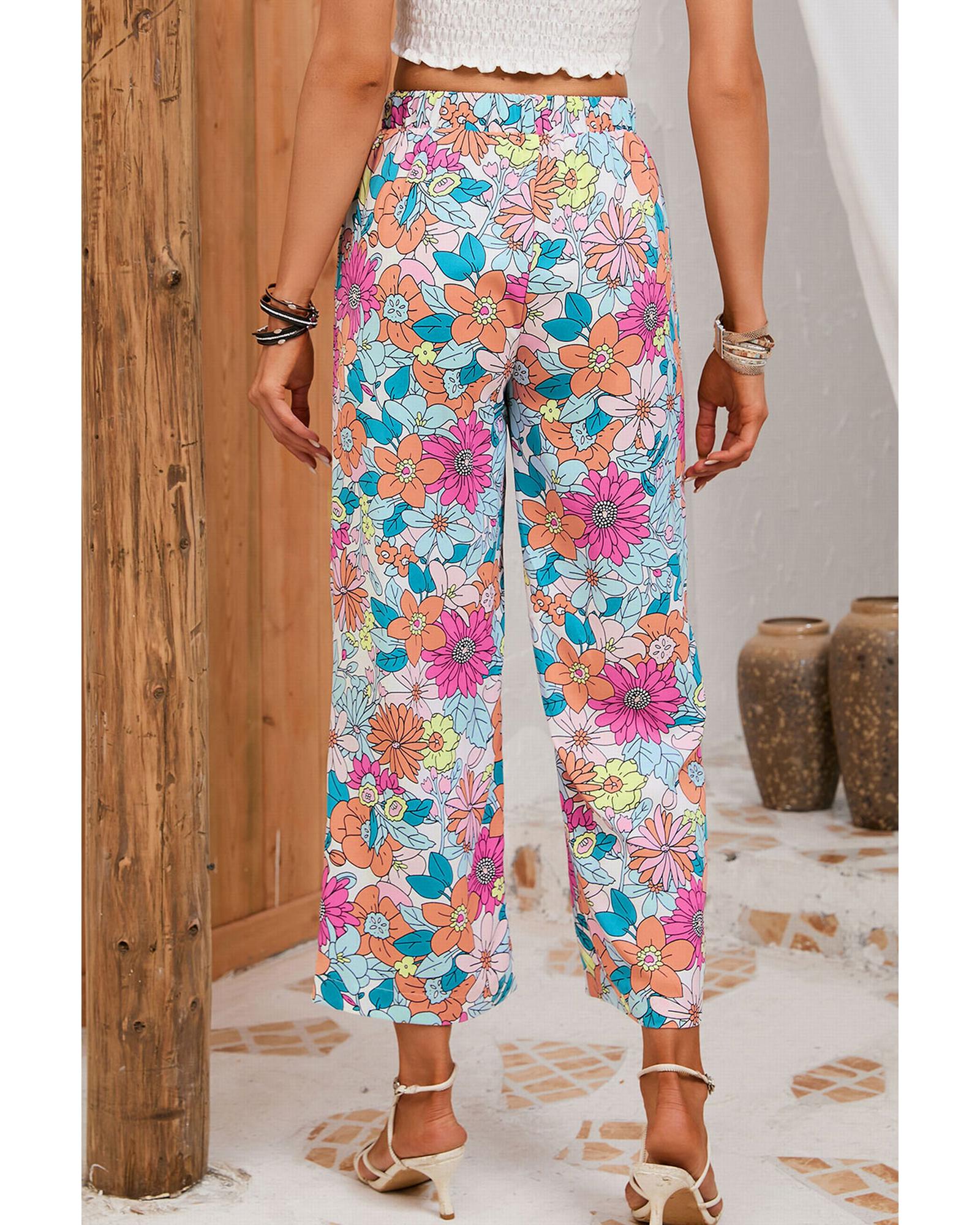 Azura Exchange Flower Print Pocketed Drawstring Waist Wide Leg Pants - M Secondary image