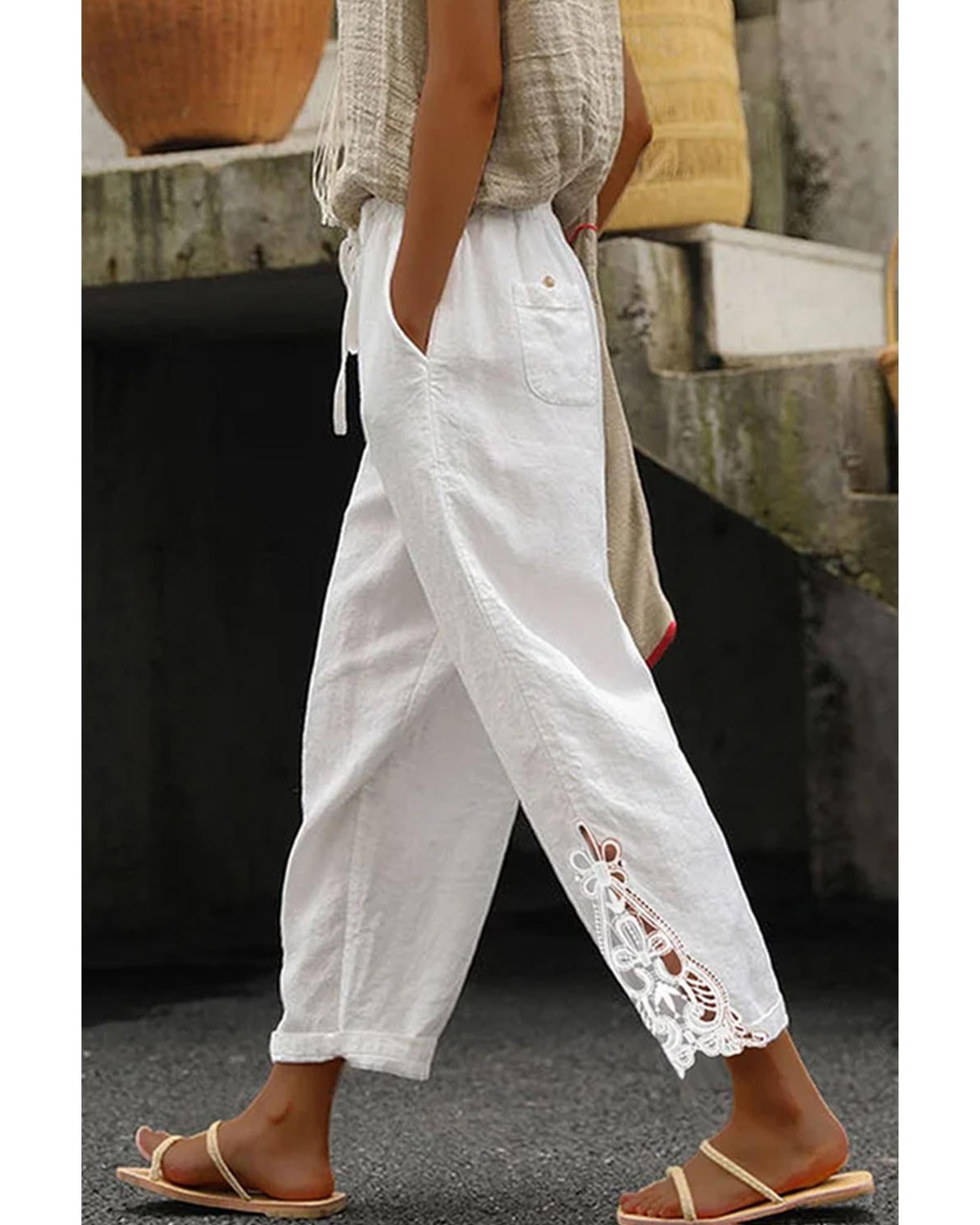 Azura Exchange Lace Splicing Drawstring Casual Cotton Pants - S Main image
