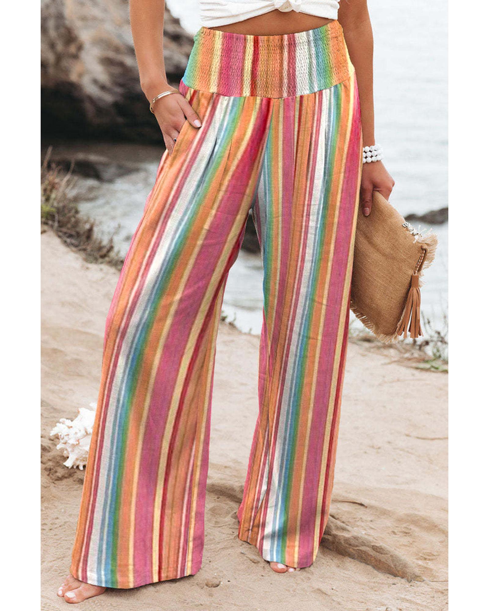 Azura Exchange Striped Smocked High Waist Wide Leg Pants - S Main image