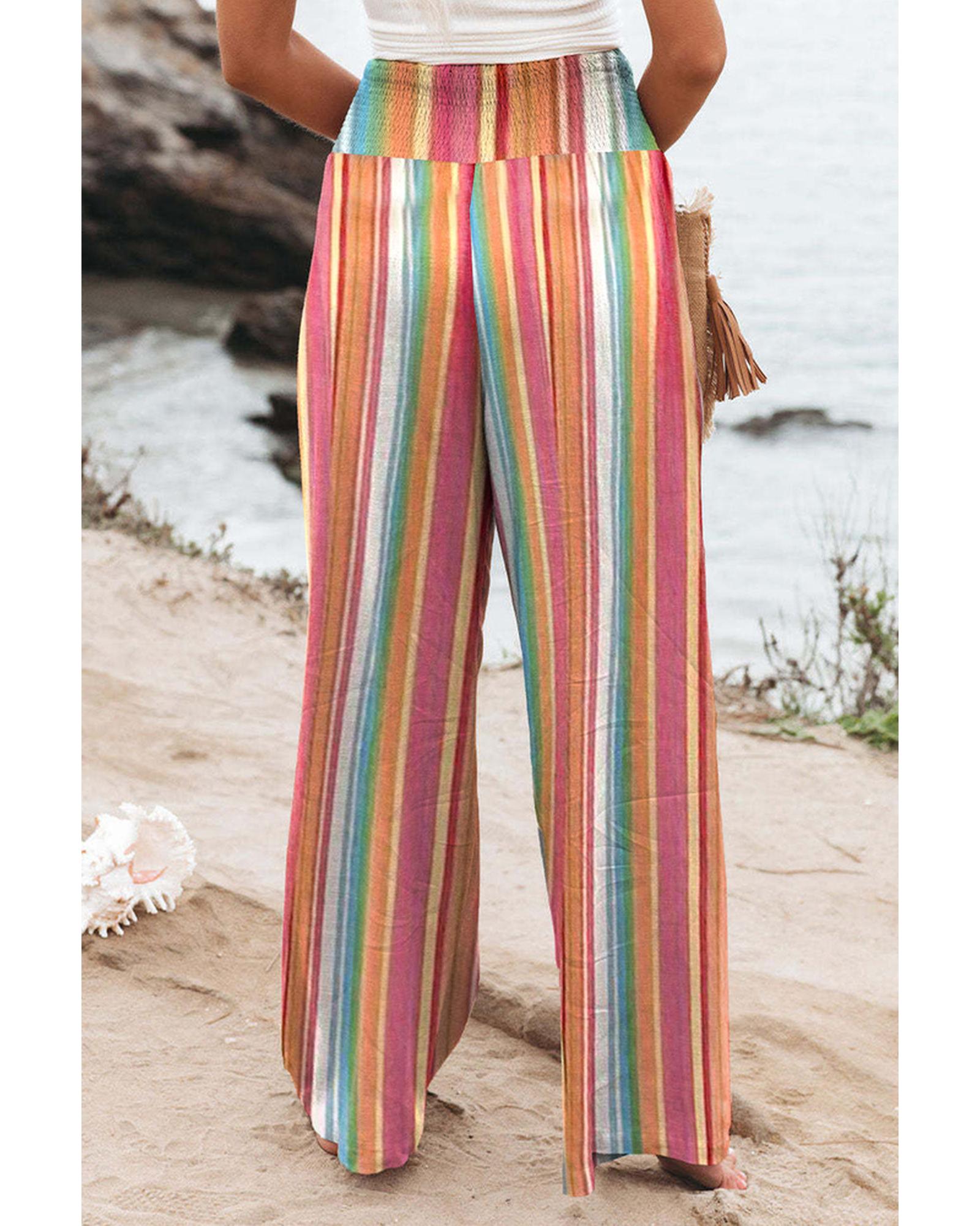 Azura Exchange Striped Smocked High Waist Wide Leg Pants - S Secondary image