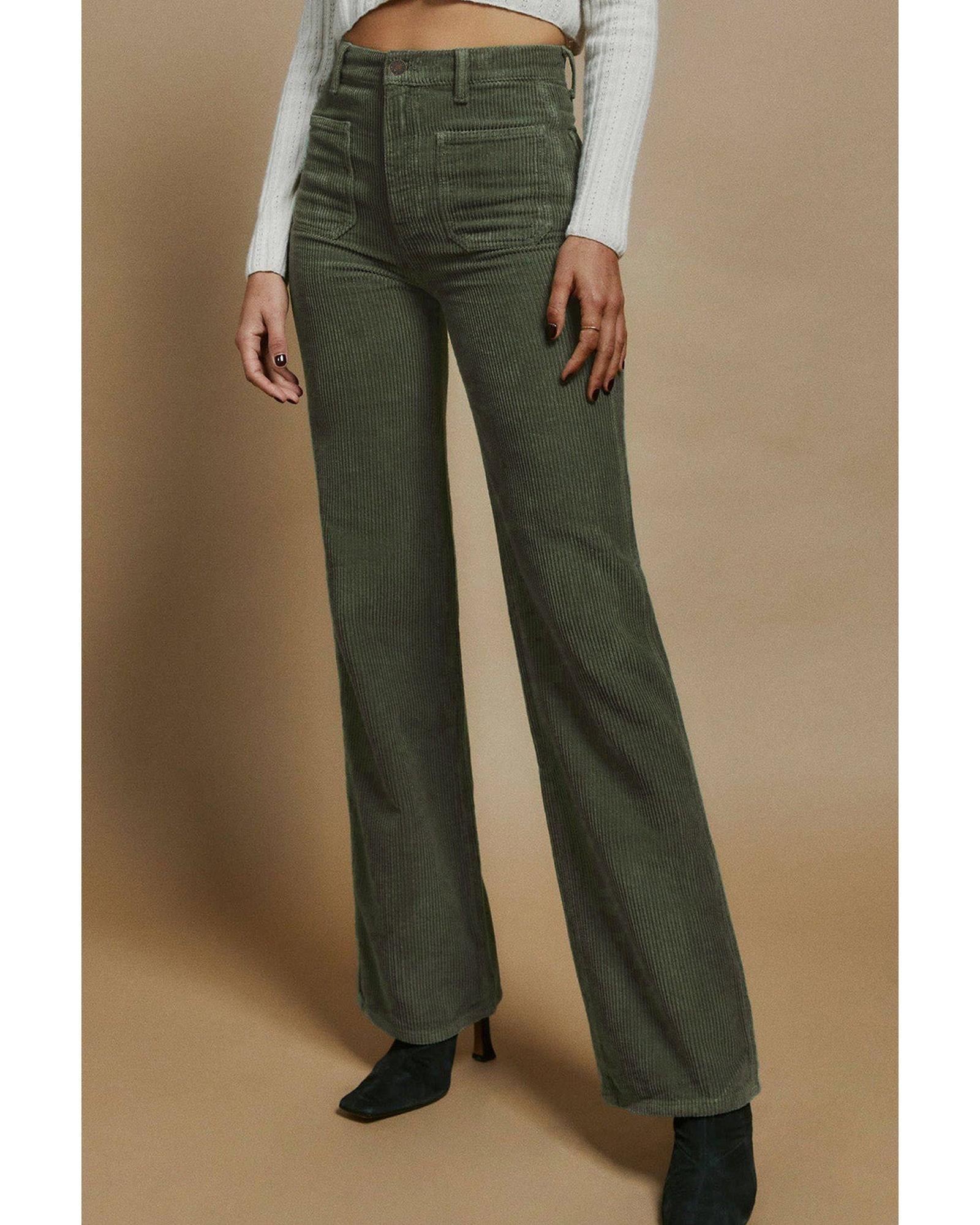 Azura Exchange Green High Waist Square Pockets Corduroy Pants - L Main image