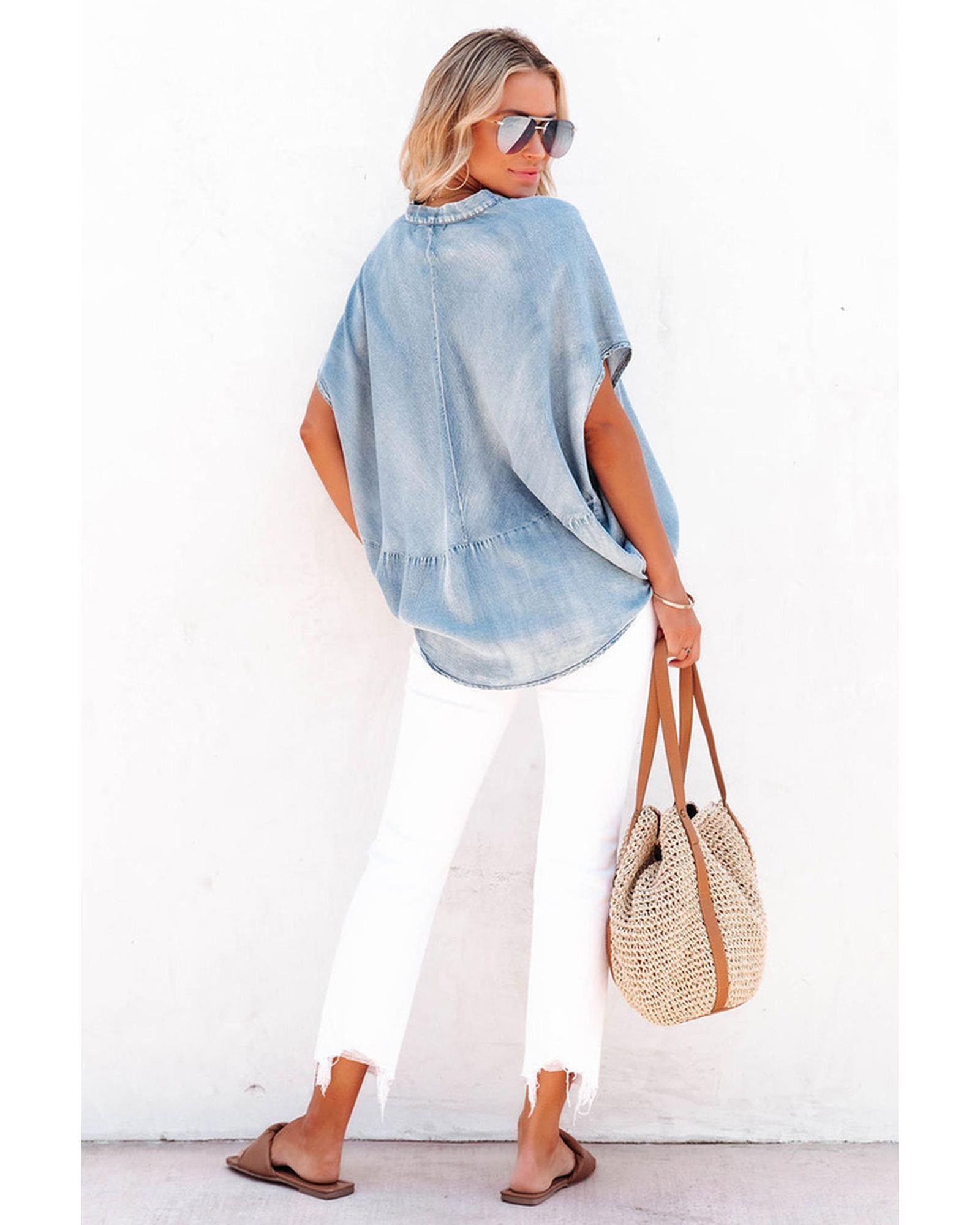 Azura Exchange V Neck Oversized Denim Blouse - L Secondary image