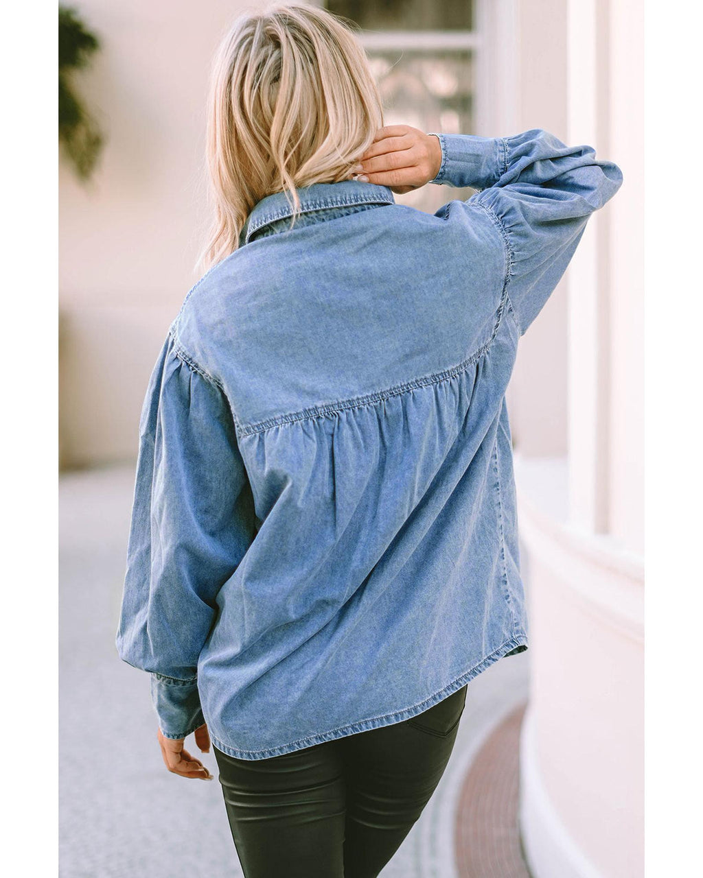 Azura Exchange V-shape Stitching Puff Sleeve Denim Shirt - L
