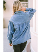 Azura Exchange V-shape Stitching Puff Sleeve Denim Shirt - L