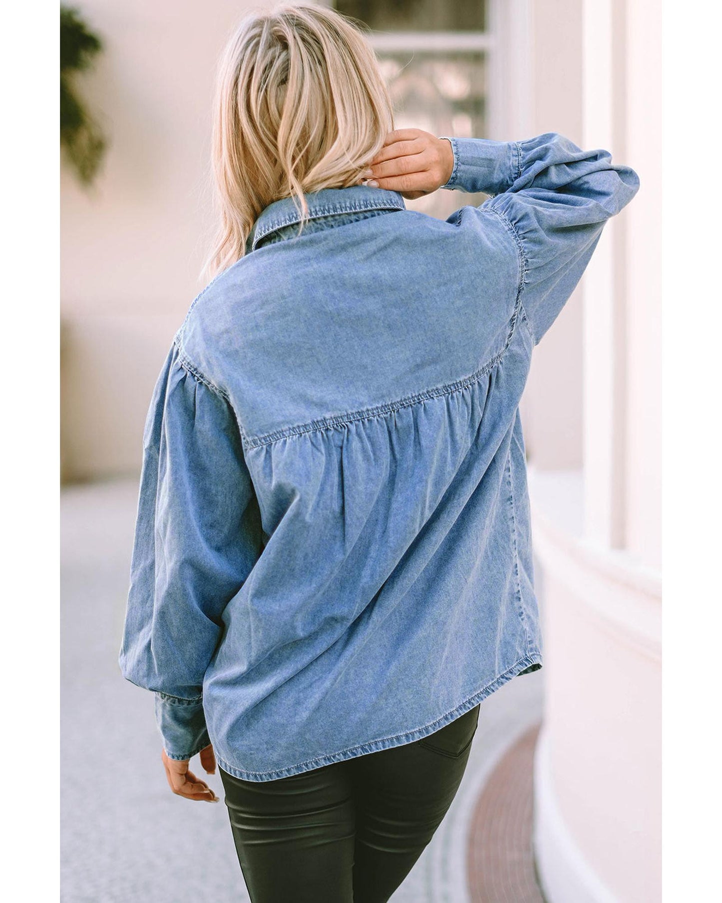 Azura Exchange V-shape Stitching Puff Sleeve Denim Shirt - M