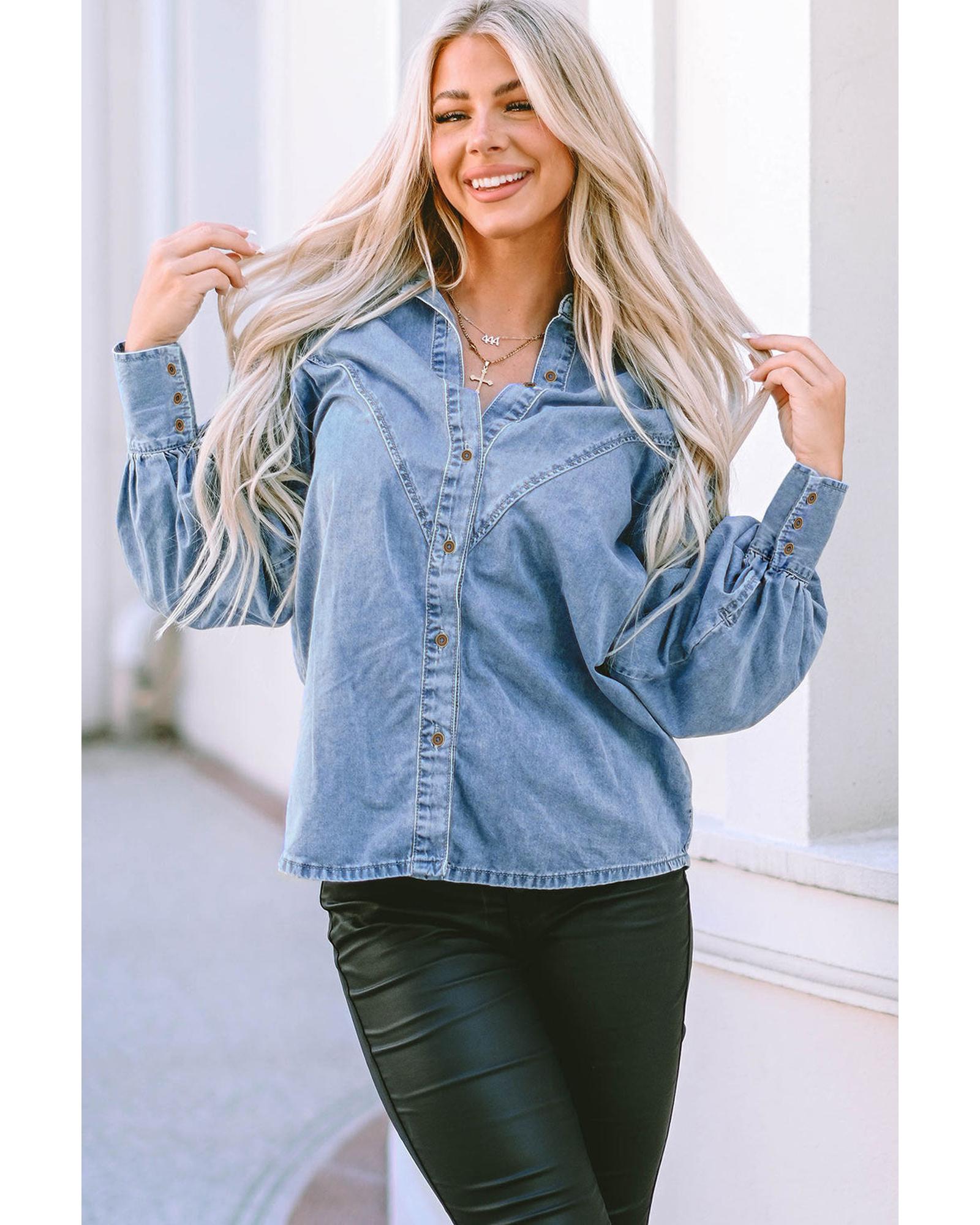 Azura Exchange V-shape Stitching Puff Sleeve Denim Shirt - S Main image