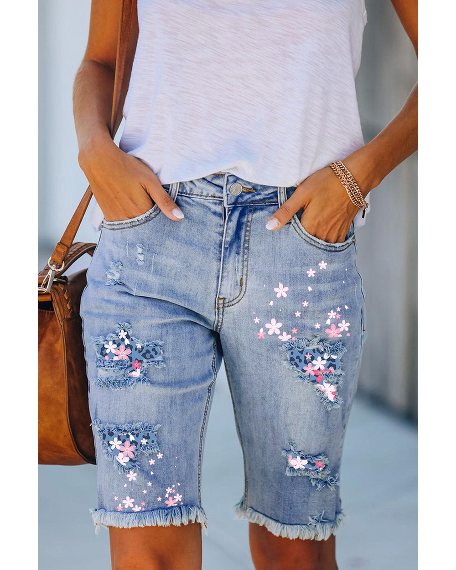 Azura Exchange Leopard Patchwork Distressed Denim Shorts - S Main image