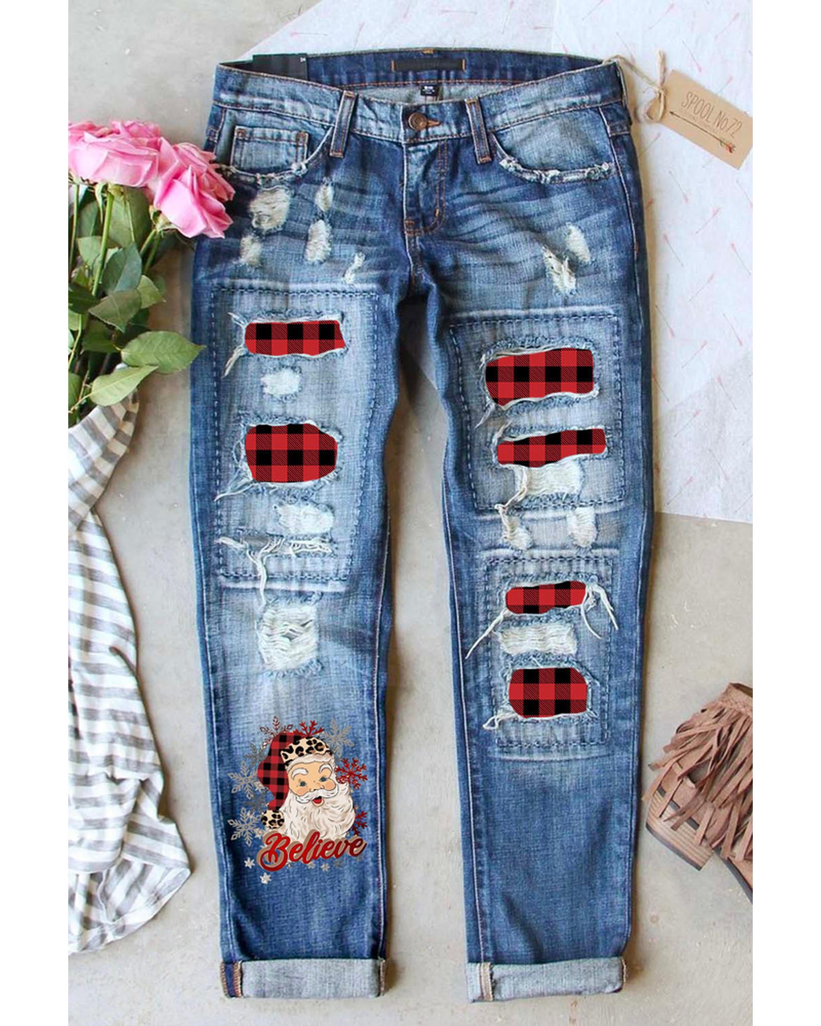Azura Exchange Plaid Splicing Distressed Jeans - L Main image