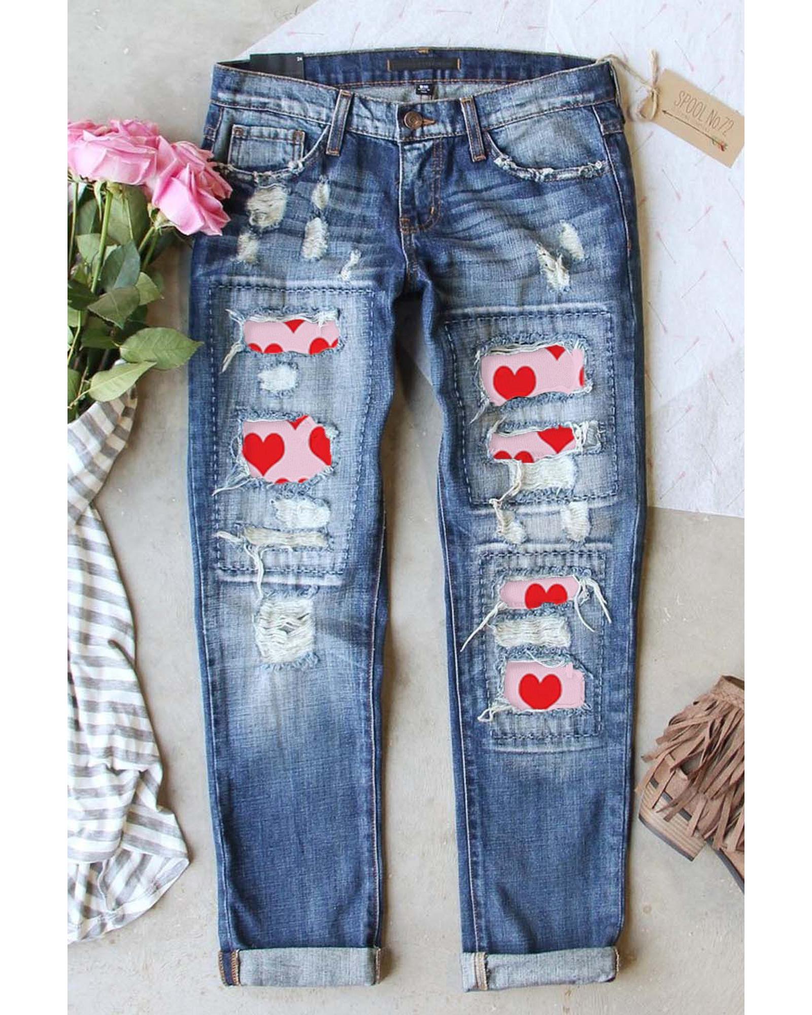 Azura Exchange Heart Patchwork Distressed Jeans - 6 US Main image