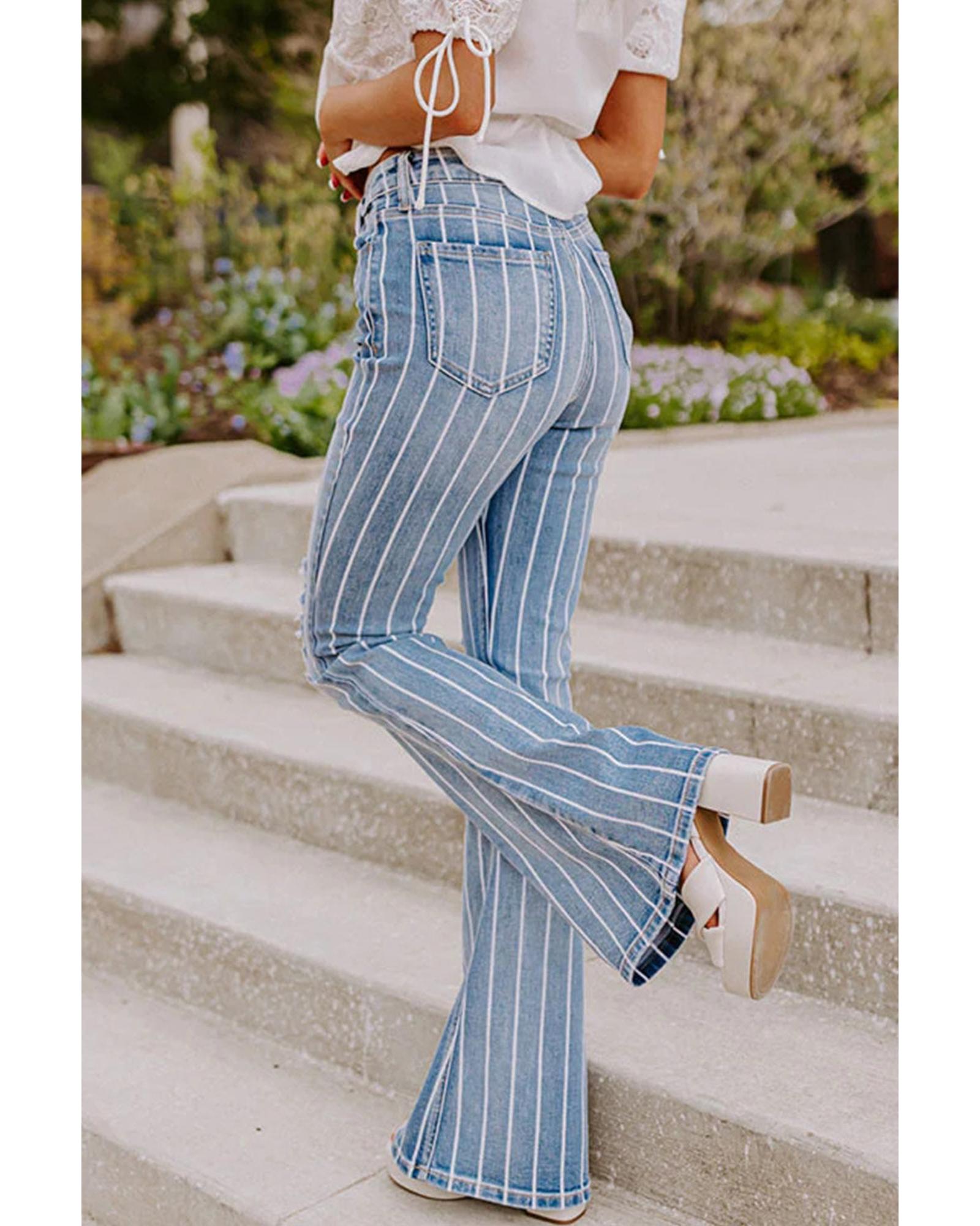 Azura Exchange Vertical Striped Ripped Flare Jeans - 12 US Secondary image