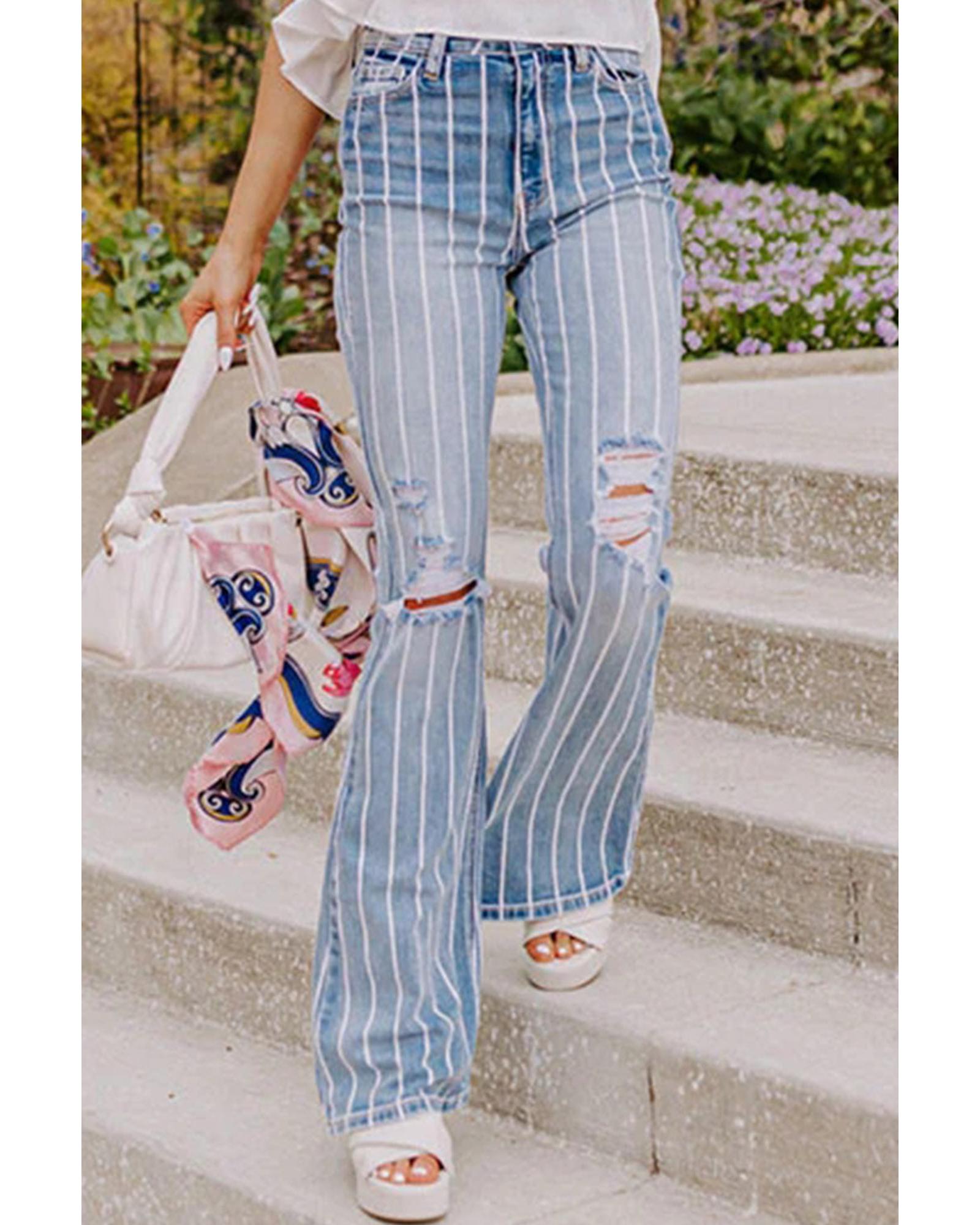 Azura Exchange Vertical Striped Ripped Flare Jeans - 6 US Main image