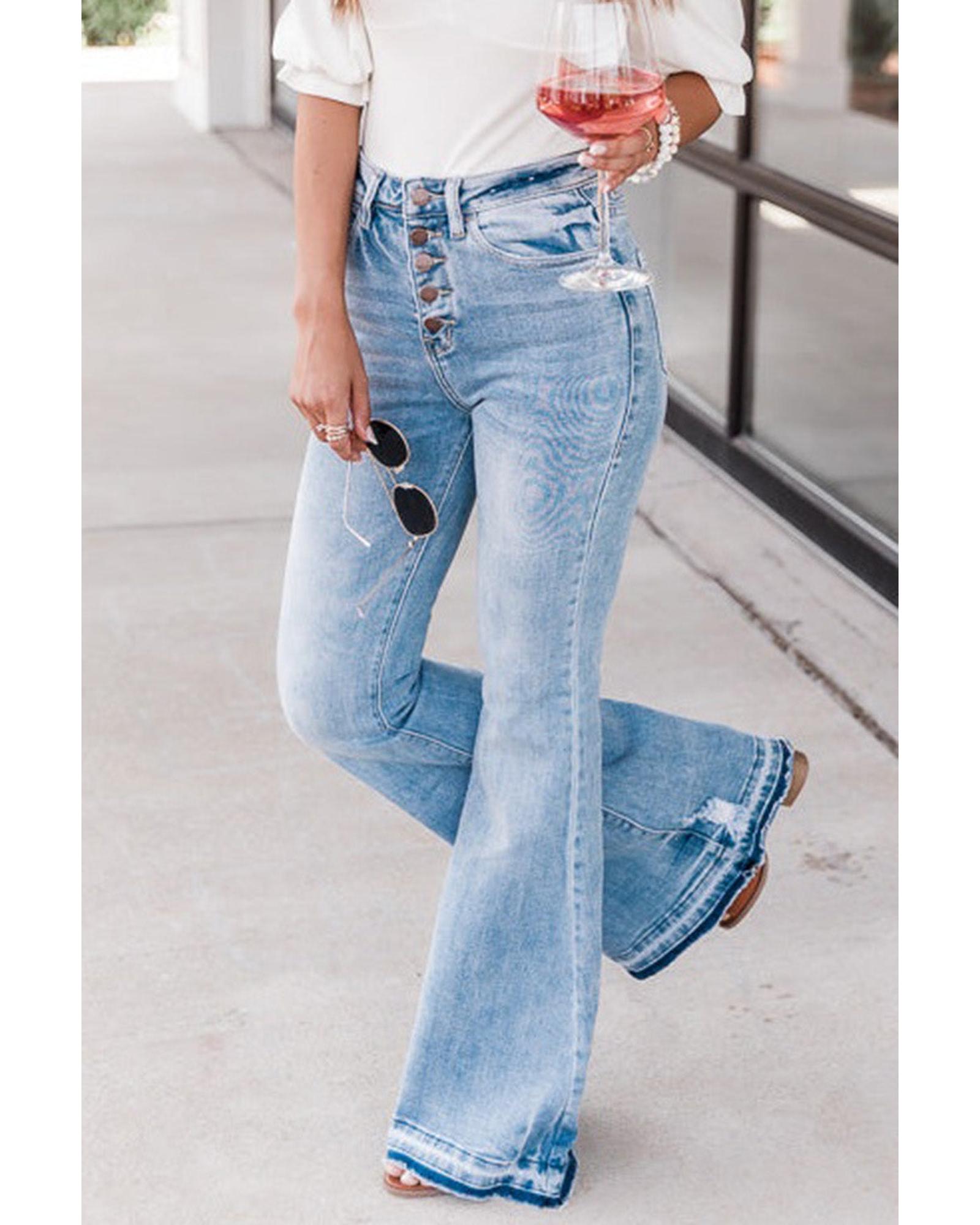 Azura Exchange Buttoned Distressed Flared Jeans - 12 US Main image