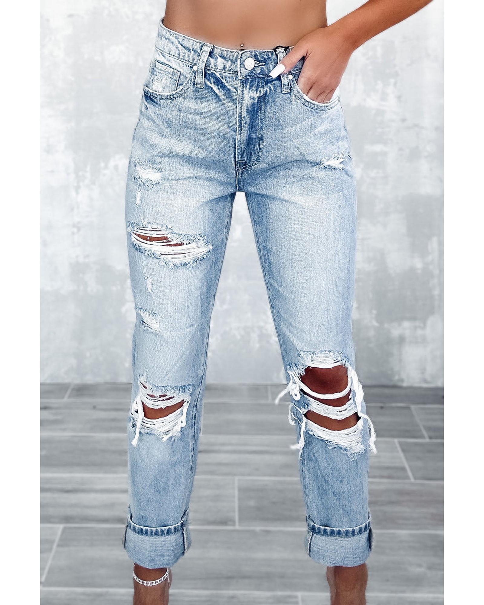 Azura Exchange Frayed Sky Blue Slim Fit High Waist Jeans - 16 US Main image