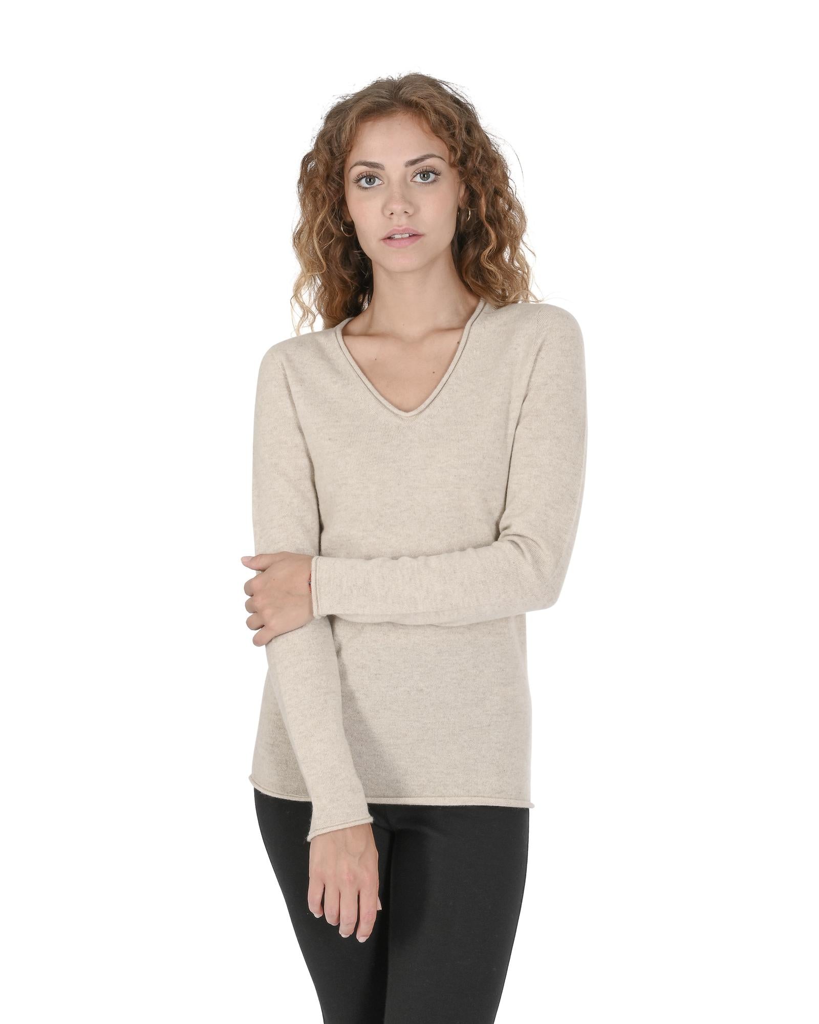 Crown of Edinburgh Cashmere Women's Premium Italian Cashmere V-Neck Sweater in Beige - 46 EU Main image