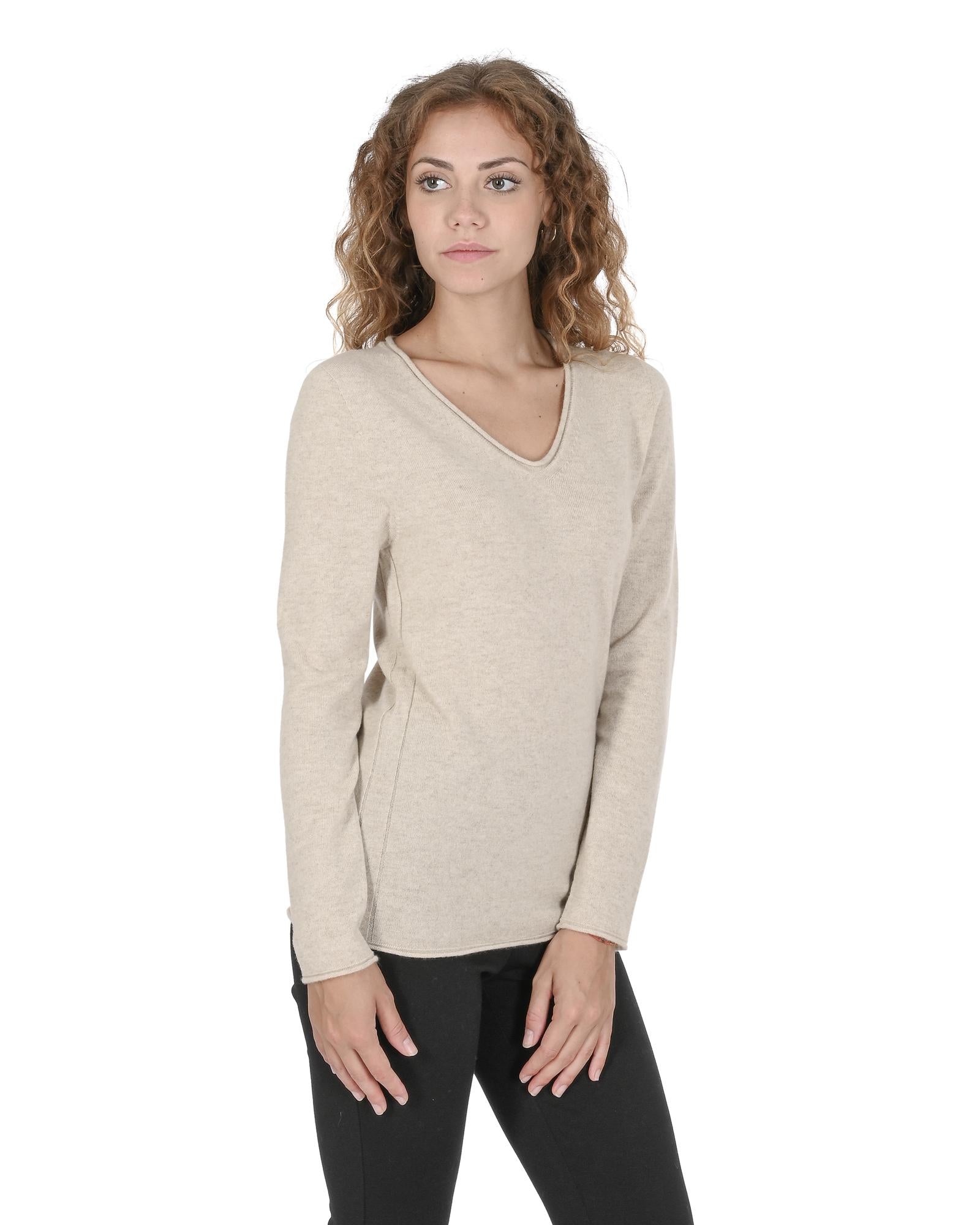 Crown of Edinburgh Cashmere Women's Premium Italian Cashmere V-Neck Sweater in Beige - 46 EU Secondary image