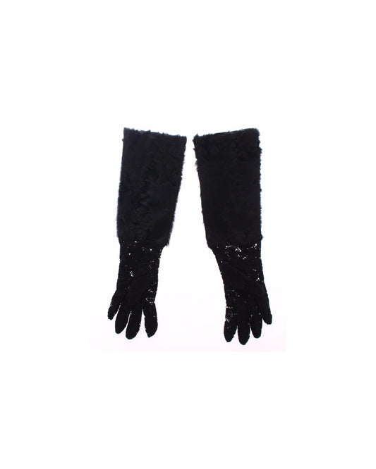 Luxury Black Wool Lace and Xiangao Lamb Fur Gloves 7.5 Women