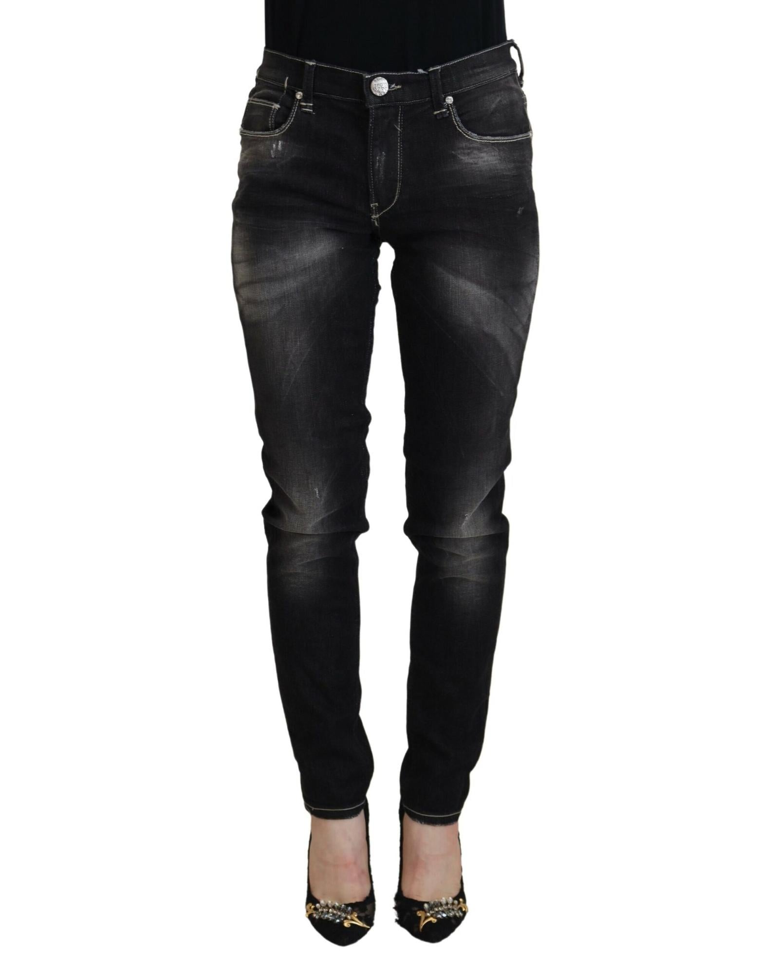 Tapered Mid Waist Black Washed Denim Jeans with Logo Details W26 US Women Main image