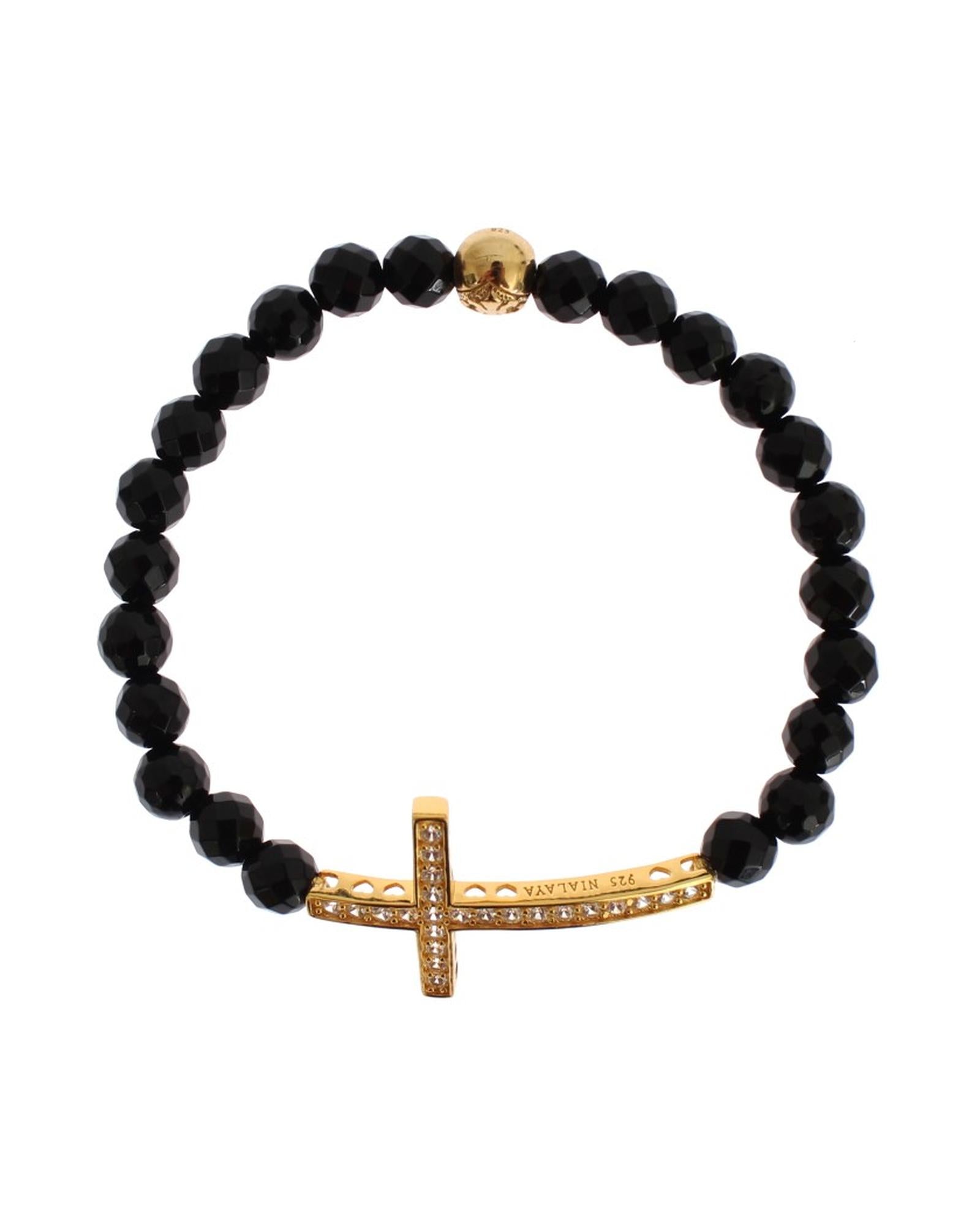 NIALAYA Gold Plated Sterling Silver Bracelet with Agate Stone and CZ Diamond Cross M Women Main image