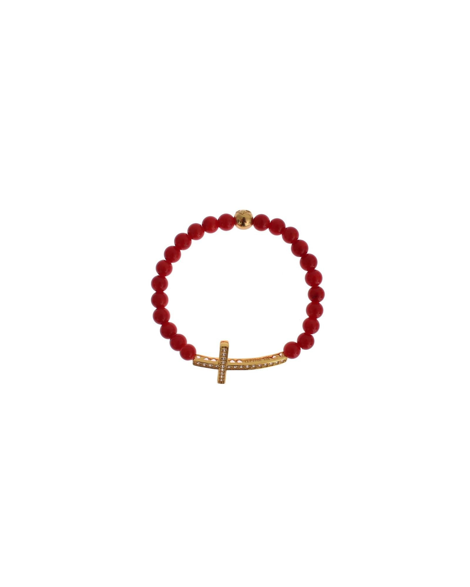 Authentic NIALAYA Gold Plated Silver Bracelet with Red Coral Beads and CZ Diamond Cross M Women Main image