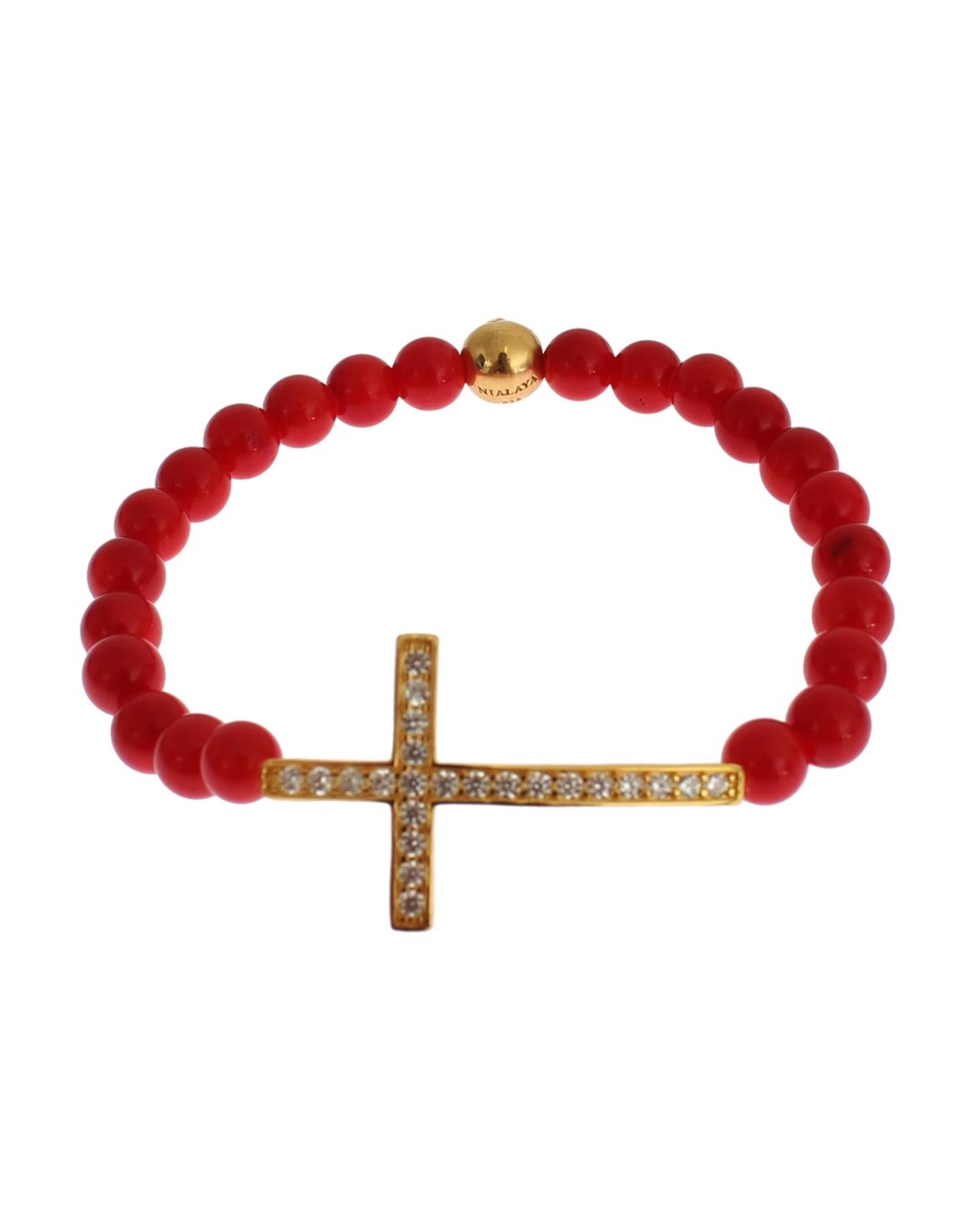 Authentic NIALAYA Gold Plated Silver Bracelet with Red Coral Beads and CZ Diamond Cross S Women Secondary image
