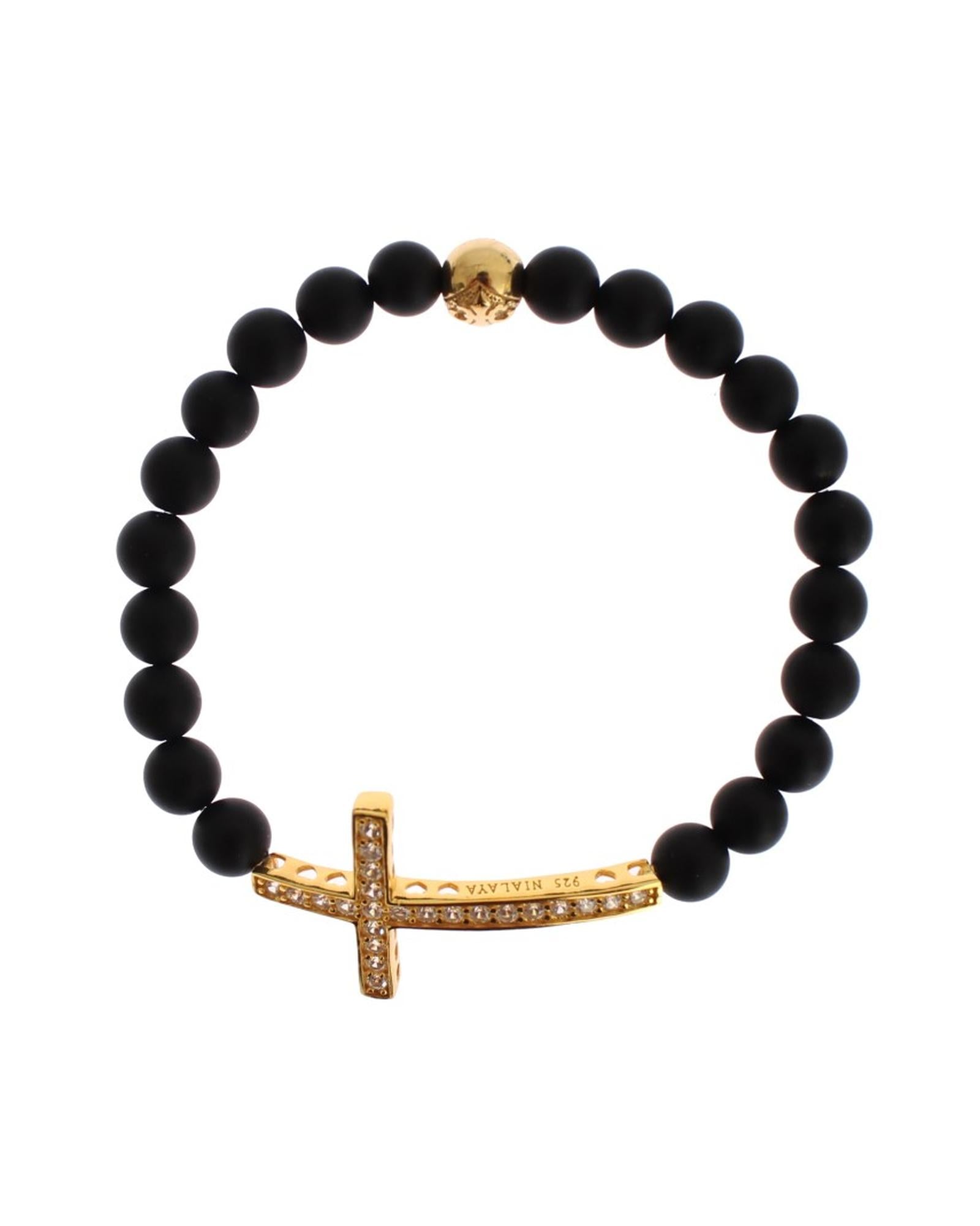 Authentic NIALAYA Bracelet with Matte Onyx Beads and CZ Diamond Cross XS Women Main image