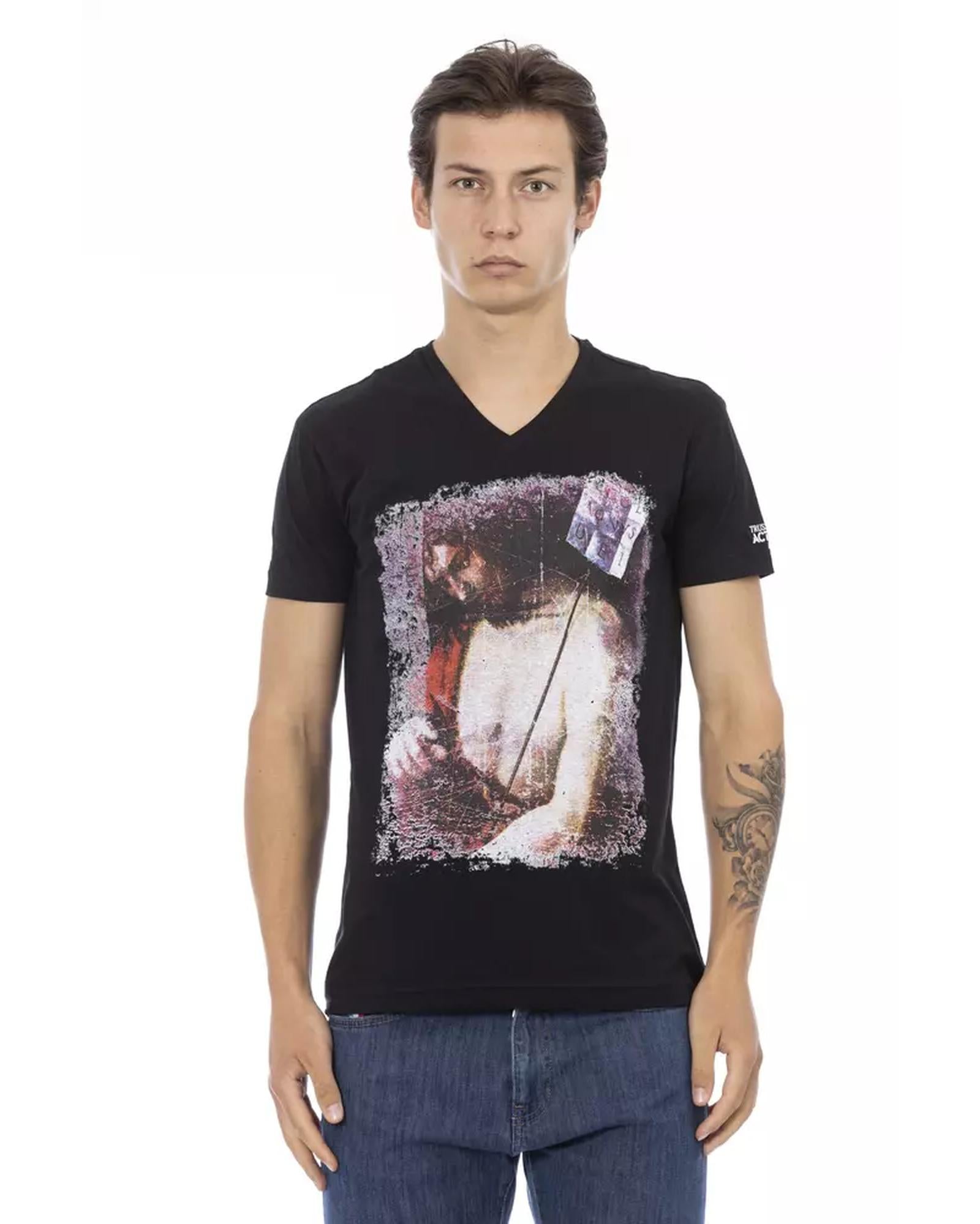 V-neck Short Sleeve T-shirt with Front Print L Men Main image