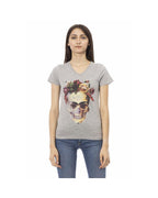 Trussardi Action Women's Elegant Gray V-Neck Tee with Front Print - S