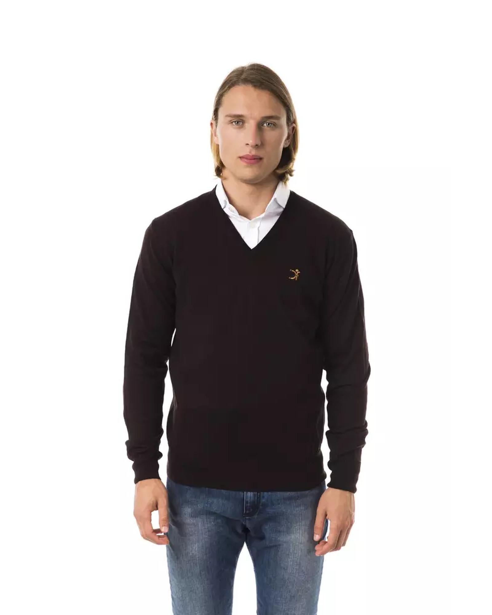 Embroidered V-neck Sweater in Extrafine Wool Merinos S Men Main image