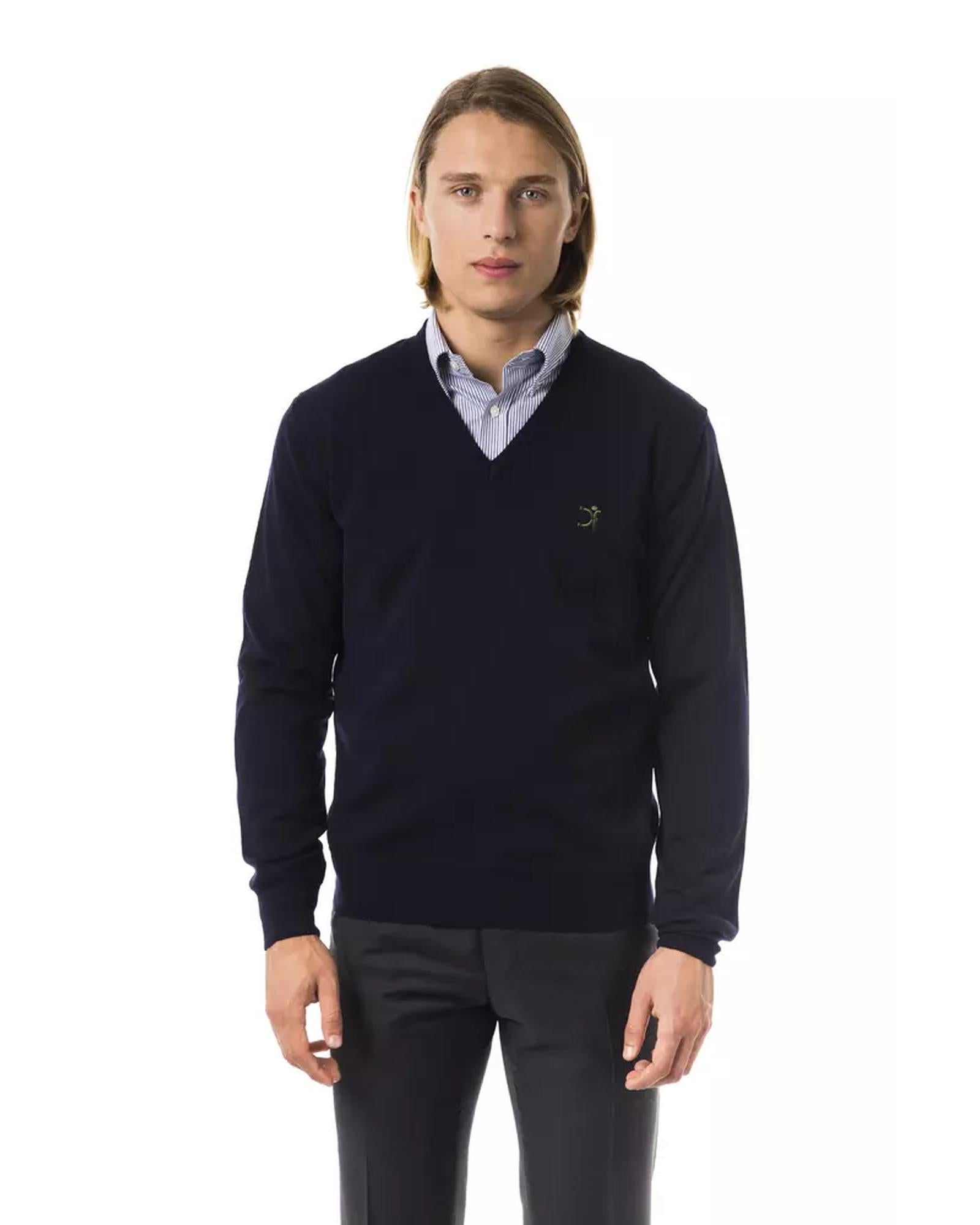Embroidered V-neck Sweater in Extrafine Merino Wool M Men Main image