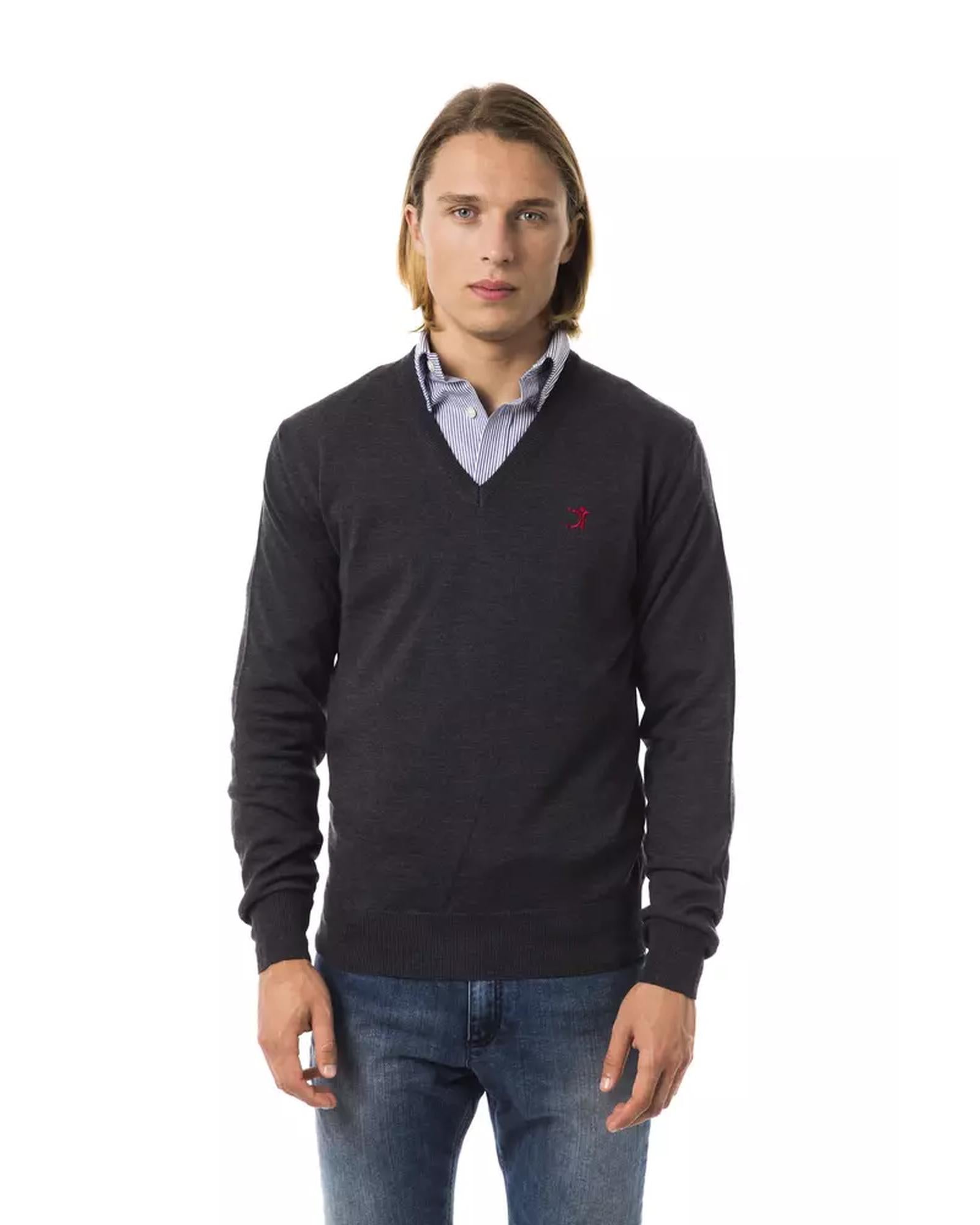 Embroidered V-neck Sweater in Extrafine Wool Merinos Fabric M Men Main image