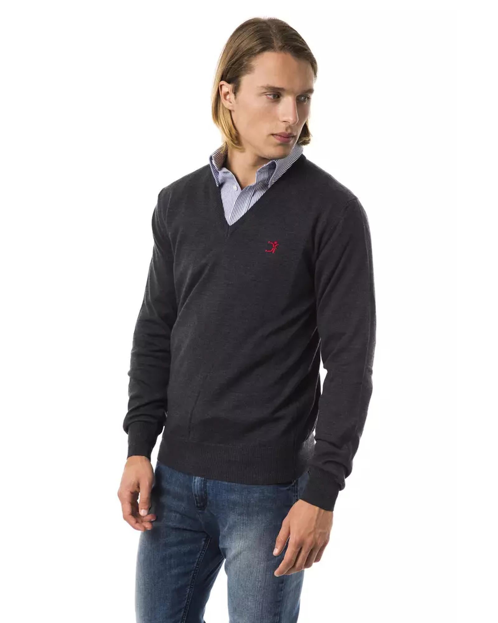 Embroidered V-neck Sweater in Extrafine Wool Merinos Fabric 2XL Men Secondary image