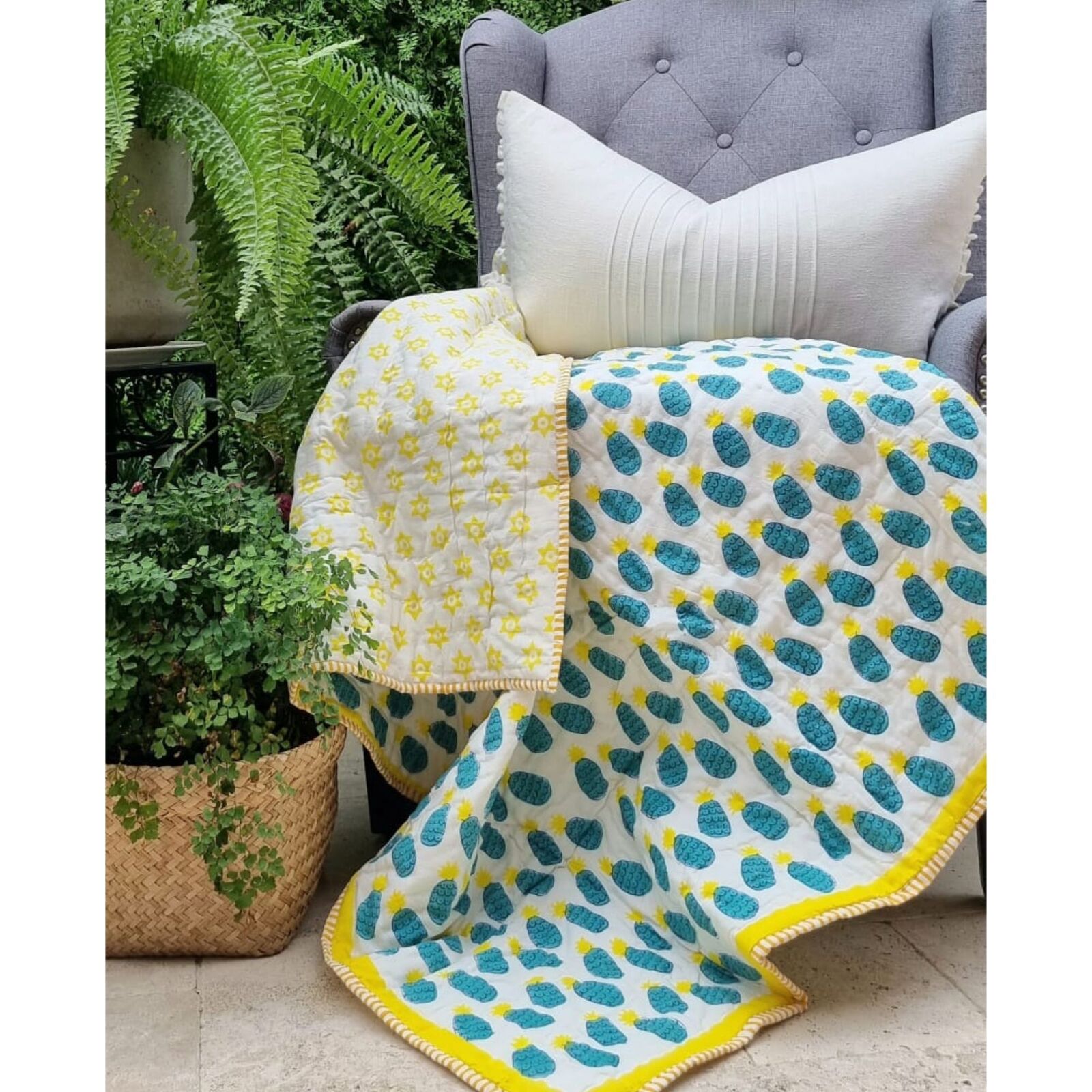 GOTS Certified Organic Cotton Reversible Baby Quilt (100x120cm) - Blue Pineapple Secondary image