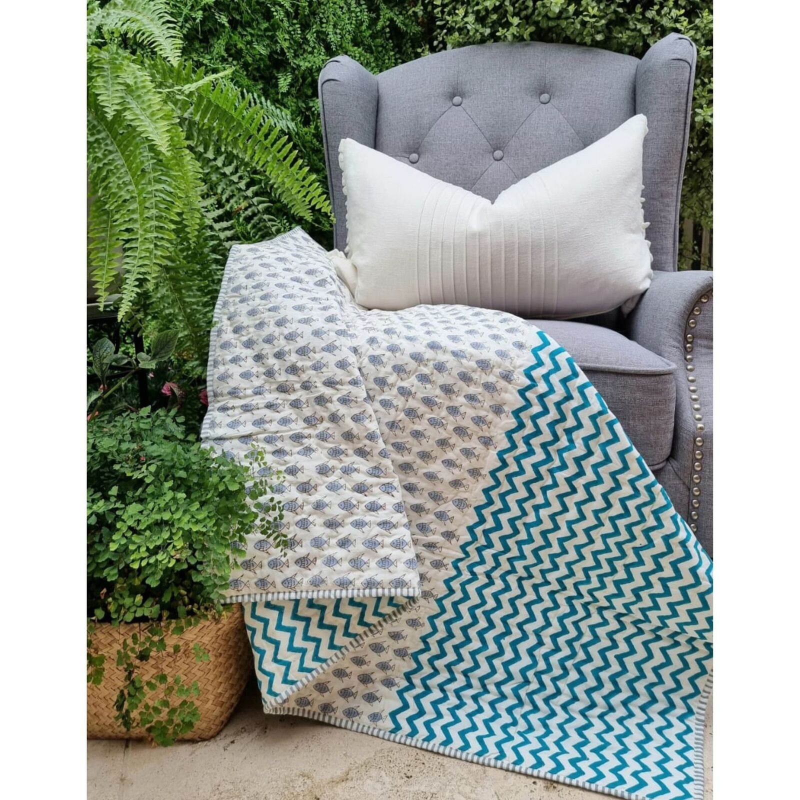 GOTS Certified Organic Cotton Reversible Baby Quilt (100x120cm) - Little Fish (Blue) Main image