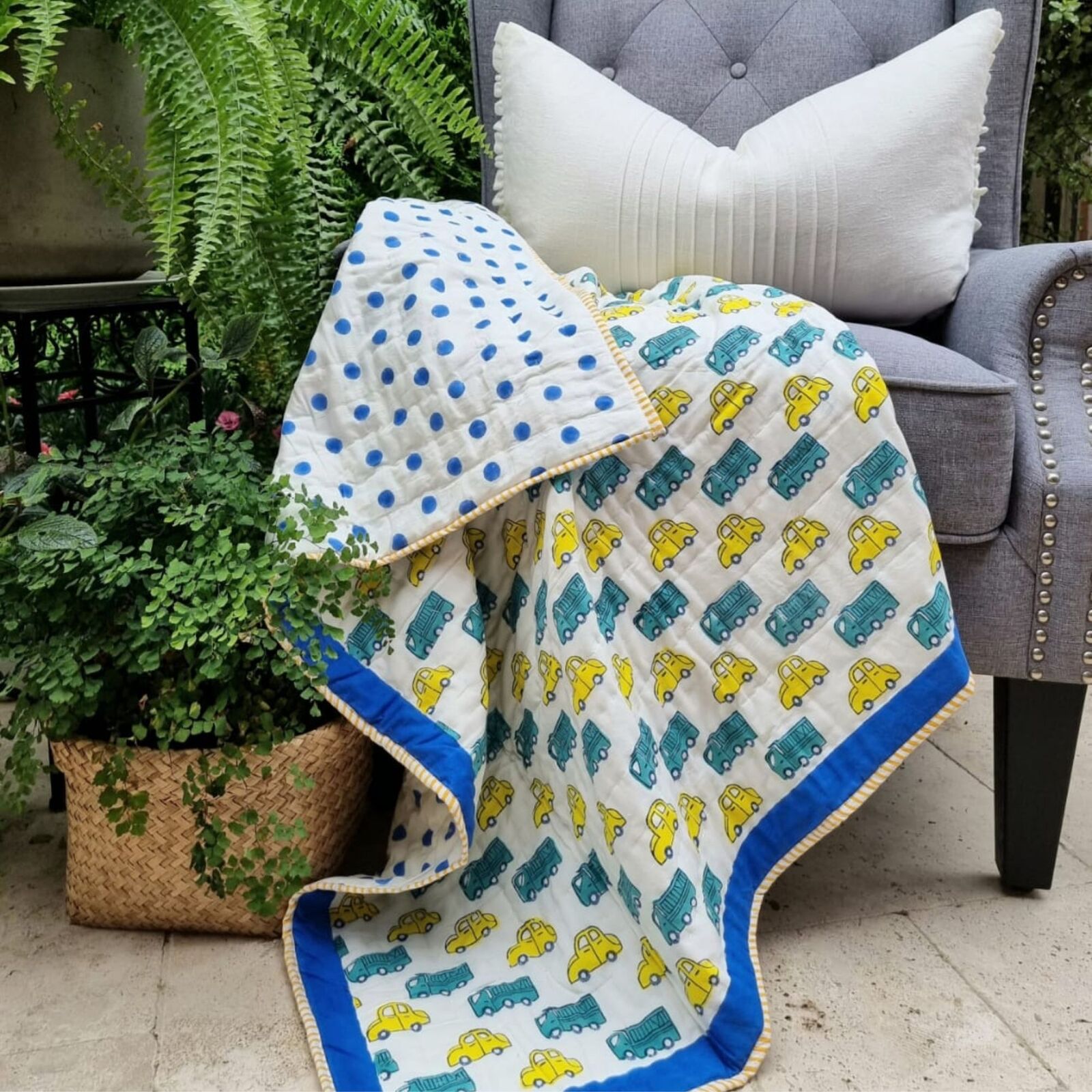 GOTS Certified Organic Cotton Reversible Baby Quilt (100x120cm) - Yellow Cars Main image