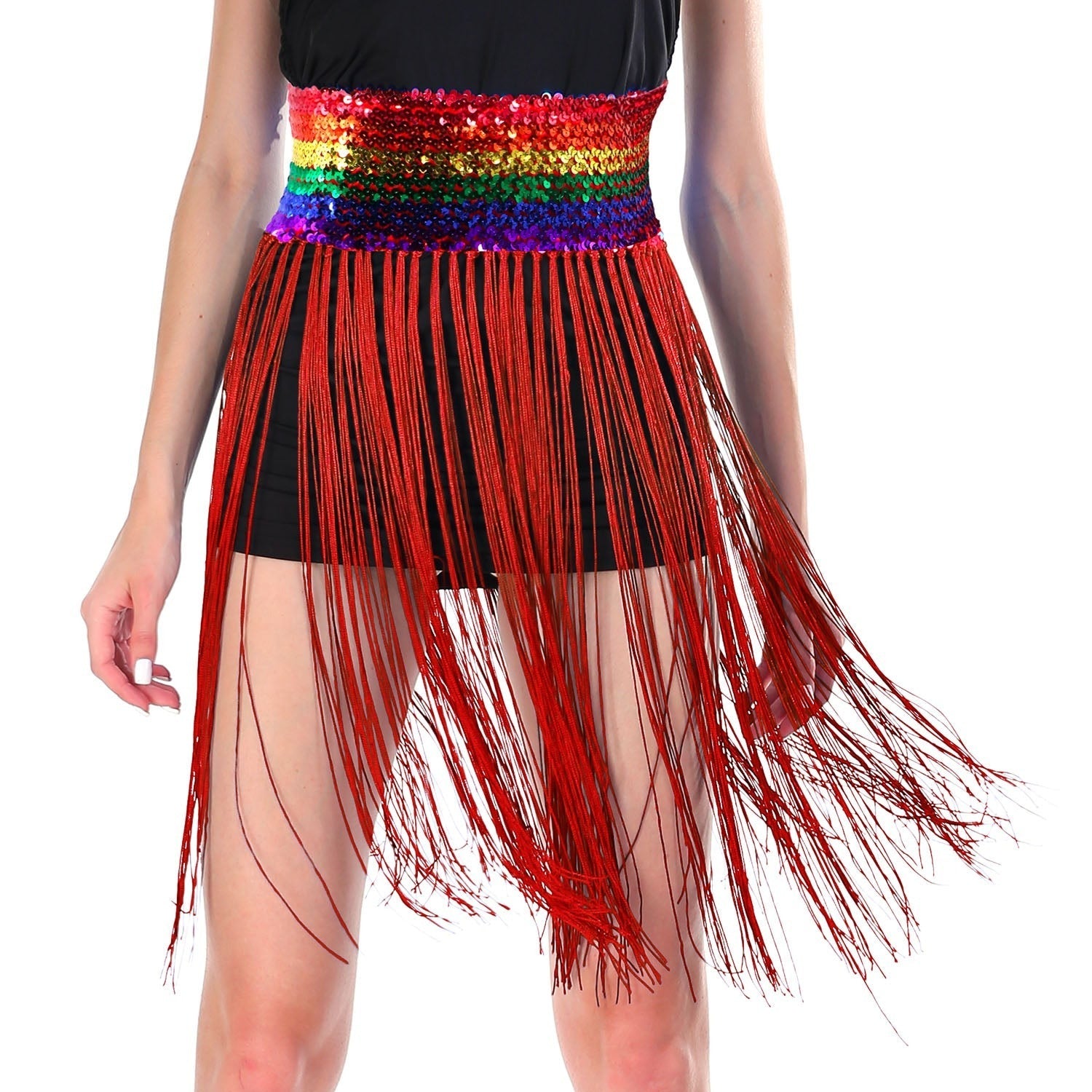 Sequin Belt w/Fringe Skirt Belly Dance Dancer Costume Party - Rainbow Main image