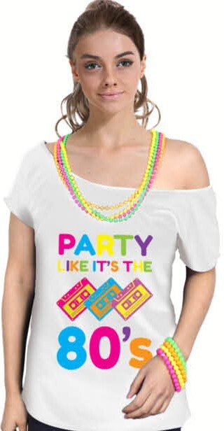 Party Like It's The 80s Womens T Shirt Costume Ladies 1980s Fancy Dress Up Top - White Main image