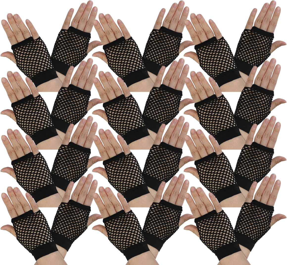 12 Pair Fishnet Gloves Fingerless Wrist Length 70s 80s Costume Party - Black Main image