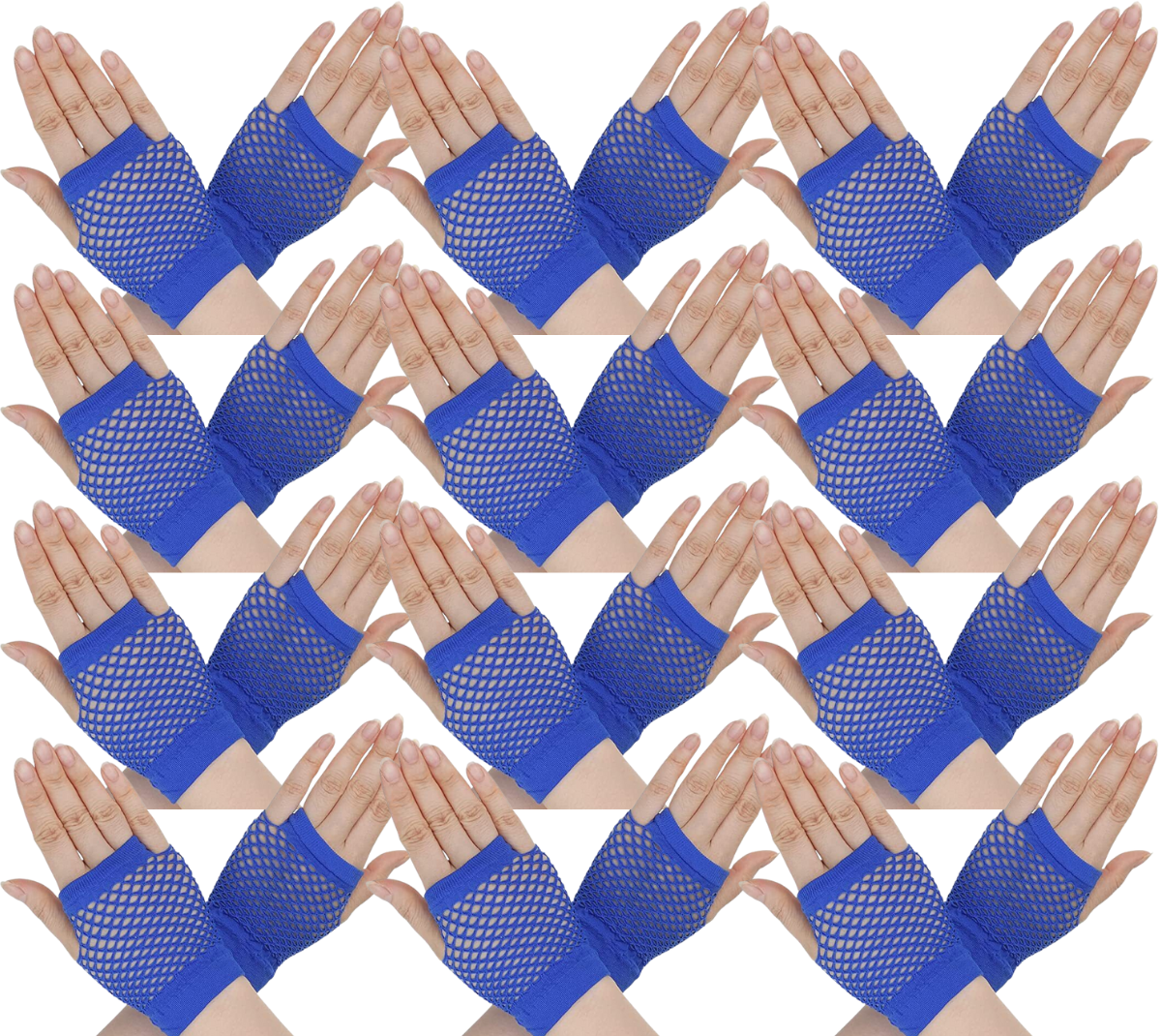 12 Pair Fishnet Gloves Fingerless Wrist Length 70s 80s Costume Party Bulk - Blue Secondary image