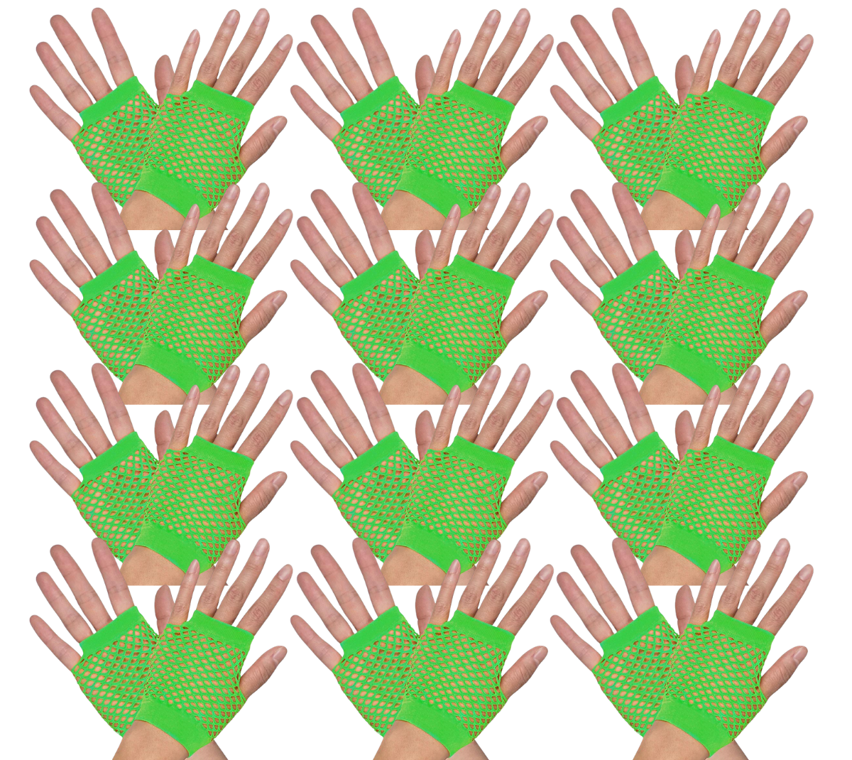 12 Pair Fishnet Gloves Fingerless Wrist Length 70s 80s Costume Party Fluro Green Main image