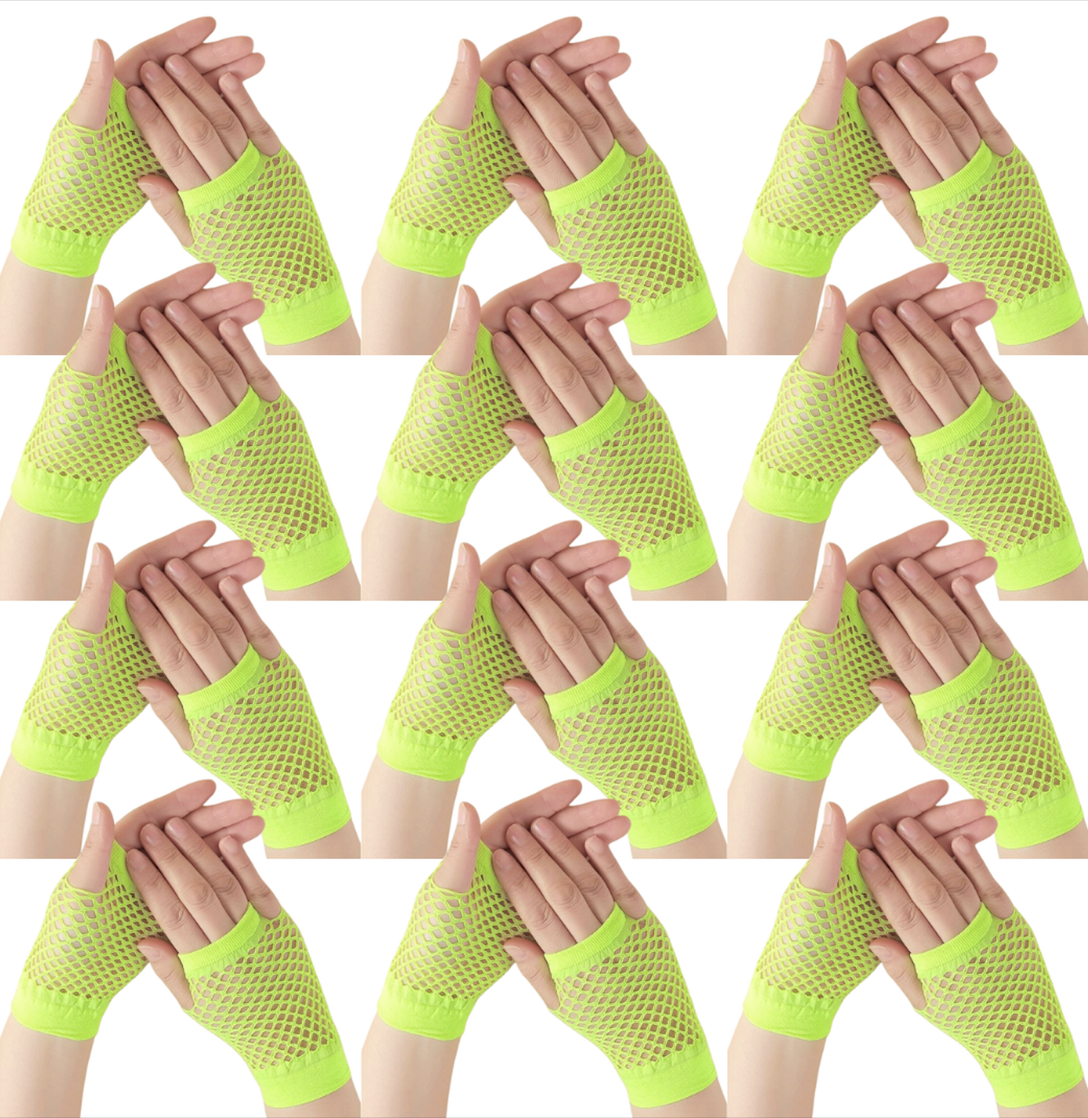 12 Pair Fishnet Gloves Fingerless Wrist Length 70s 80s Costume Party - Fluro Yellow Main image